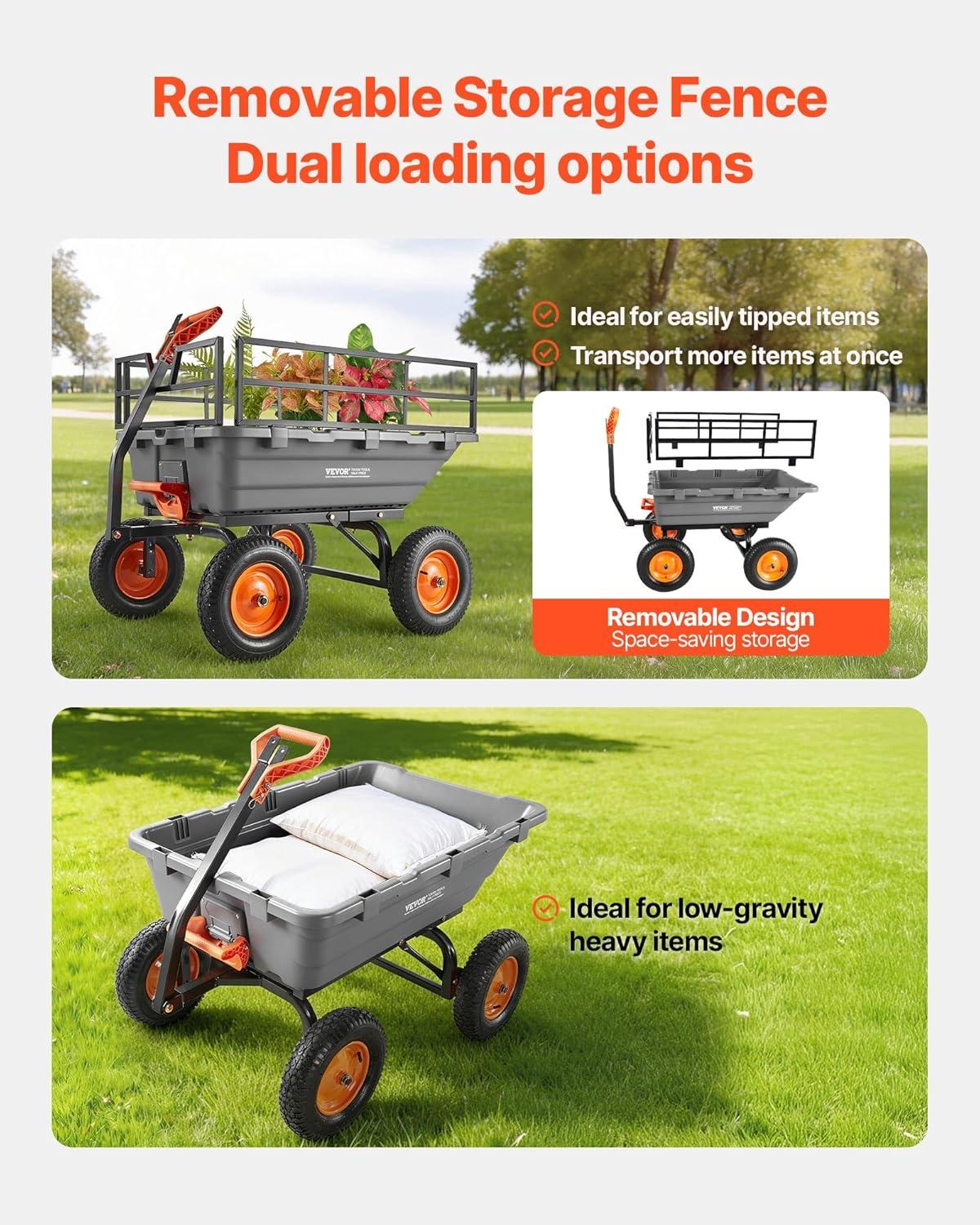 image:imageVEVOR Garden Dump Cart 1500lbs 15 CuFt Heavy Duty Wheelbarrow with Convertible Handle and 16 Flat Free Tires Outdoor Yard Wagon ATV Trailer Dump Cart Tow Behind for Lawn Mower Tractor1500LBS