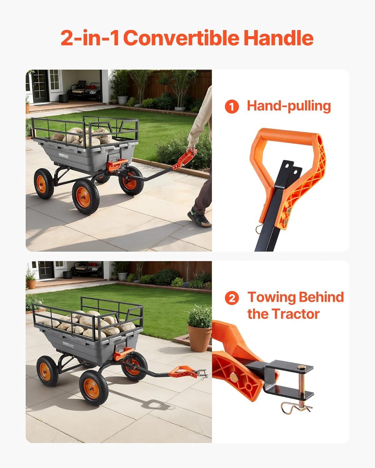 image:imageVEVOR Garden Dump Cart 1500lbs 15 CuFt Heavy Duty Wheelbarrow with Convertible Handle and 16 Flat Free Tires Outdoor Yard Wagon ATV Trailer Dump Cart Tow Behind for Lawn Mower Tractor1500LBS