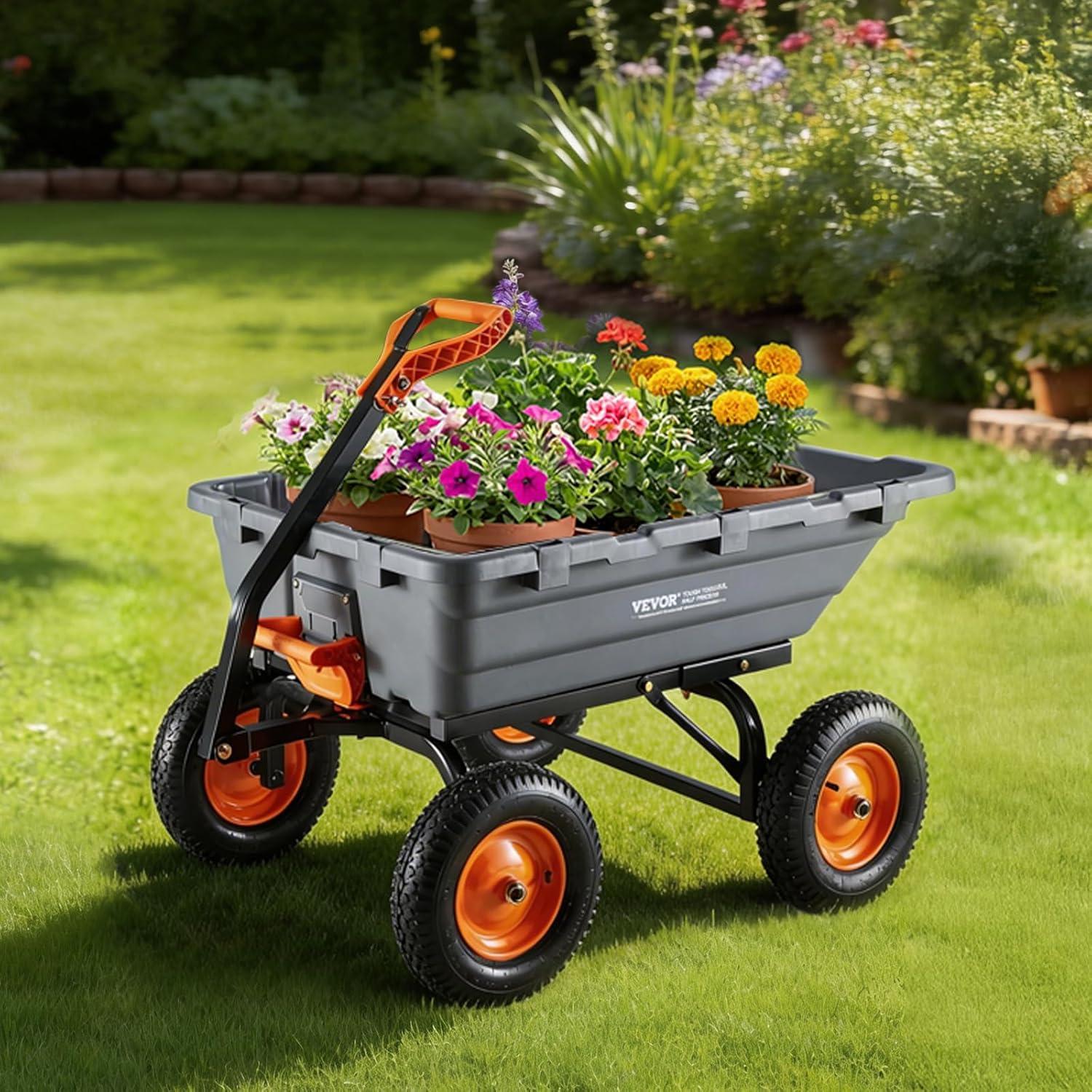 image:imageVEVOR Garden Dump Cart 1500lbs 15 CuFt Heavy Duty Wheelbarrow with Convertible Handle and 16 Flat Free Tires Outdoor Yard Wagon ATV Trailer Dump Cart Tow Behind for Lawn Mower Tractor1500LBS