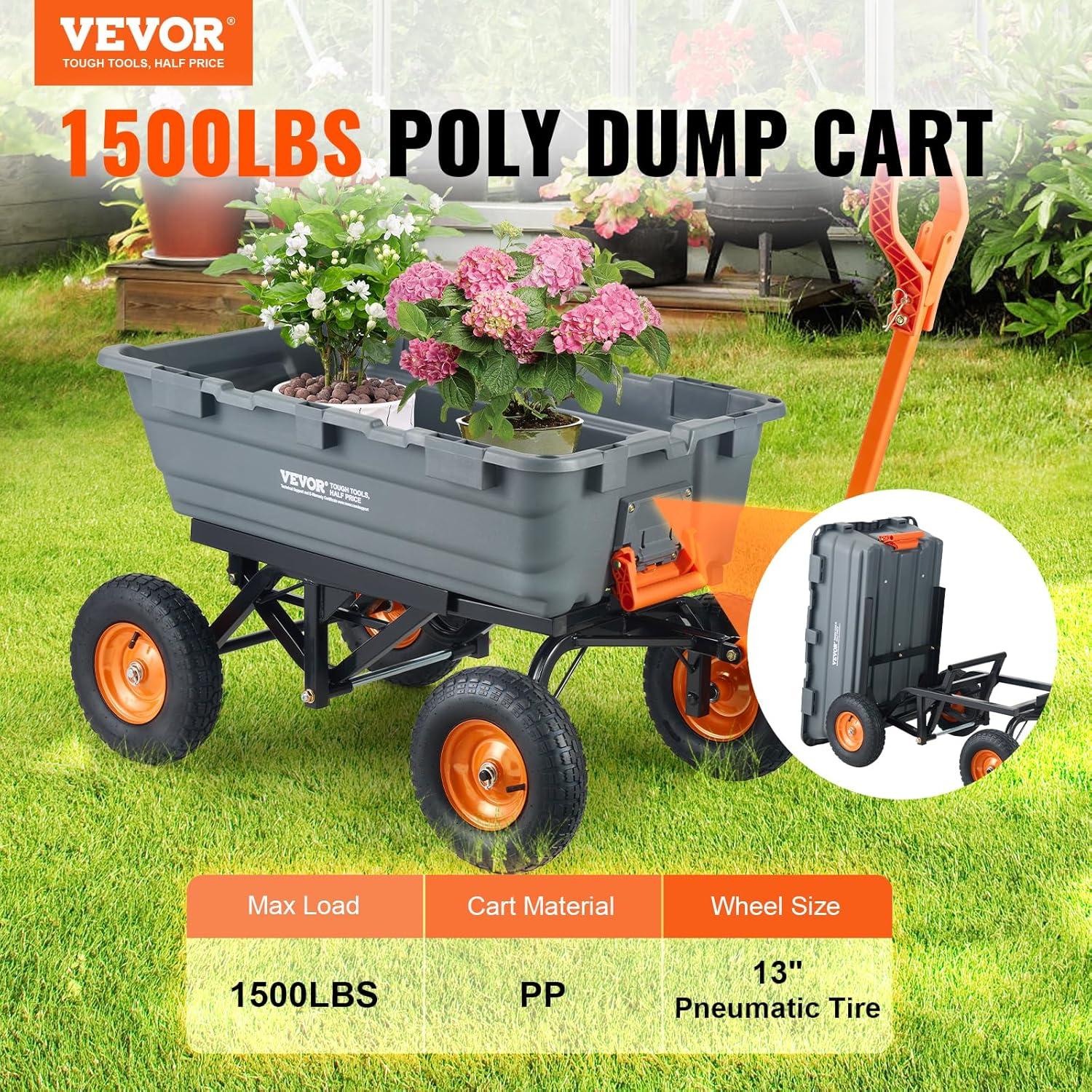image:imageVEVOR Garden Dump Cart 1500lbs 15 CuFt Heavy Duty Wheelbarrow with Convertible Handle and 16 Flat Free Tires Outdoor Yard Wagon ATV Trailer Dump Cart Tow Behind for Lawn Mower Tractor1500LBS