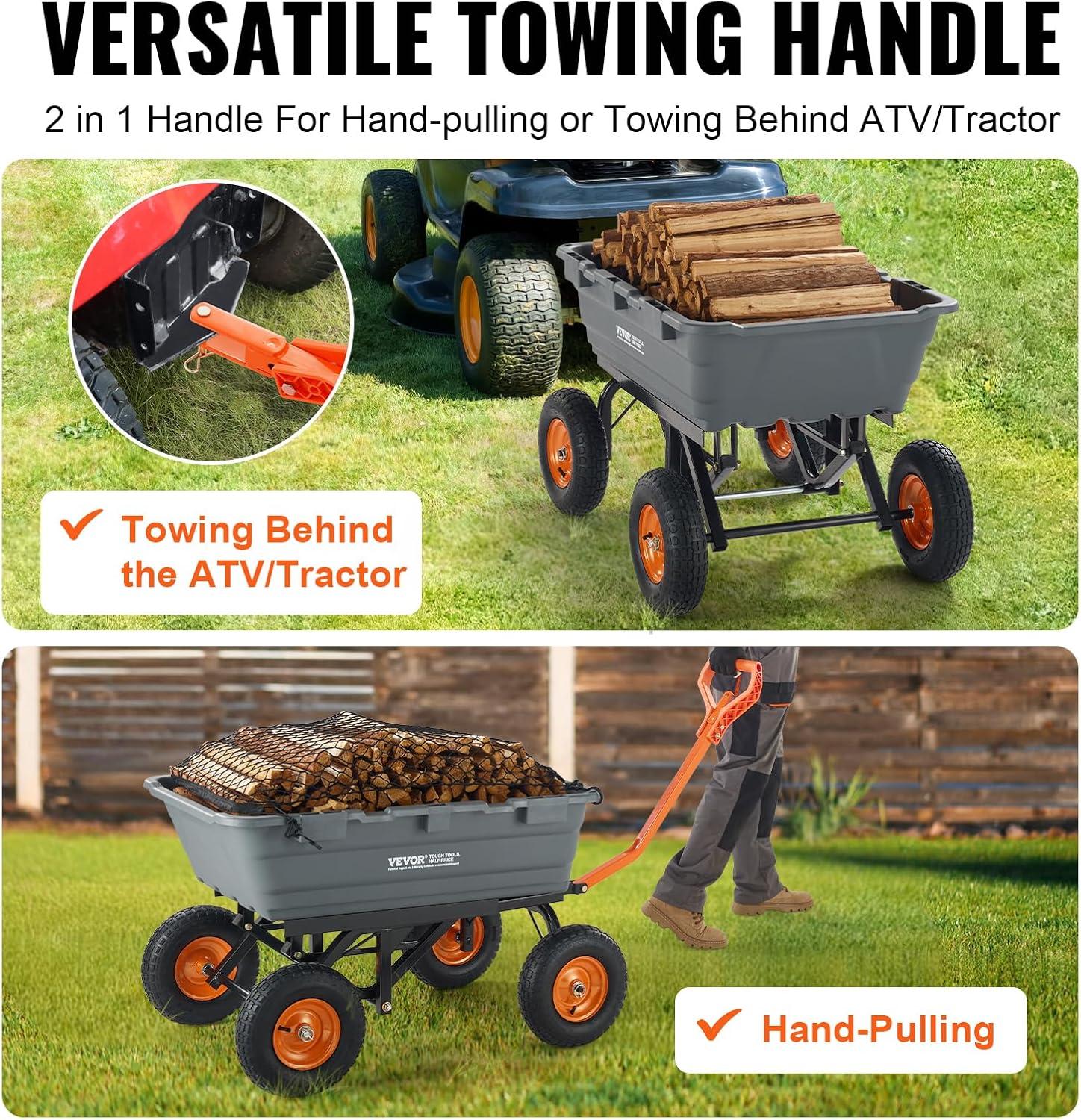 image:imageVEVOR Garden Dump Cart 1500lbs 15 CuFt Heavy Duty Wheelbarrow with Convertible Handle and 16 Flat Free Tires Outdoor Yard Wagon ATV Trailer Dump Cart Tow Behind for Lawn Mower Tractor1500LBS