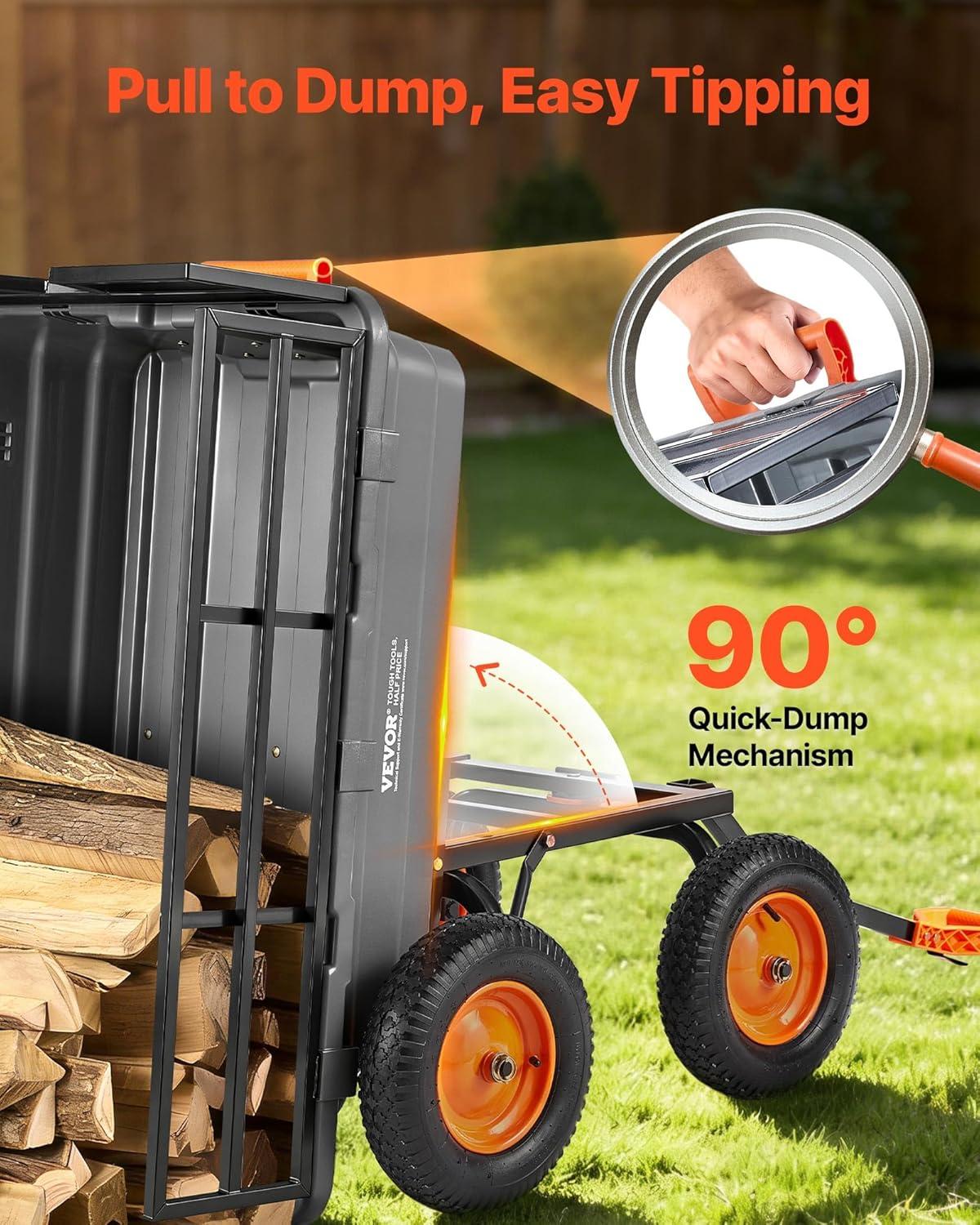 image:imageVEVOR Garden Dump Cart 1500lbs 15 CuFt Heavy Duty Wheelbarrow with Convertible Handle and 16 Flat Free Tires Outdoor Yard Wagon ATV Trailer Dump Cart Tow Behind for Lawn Mower Tractor1500LBS