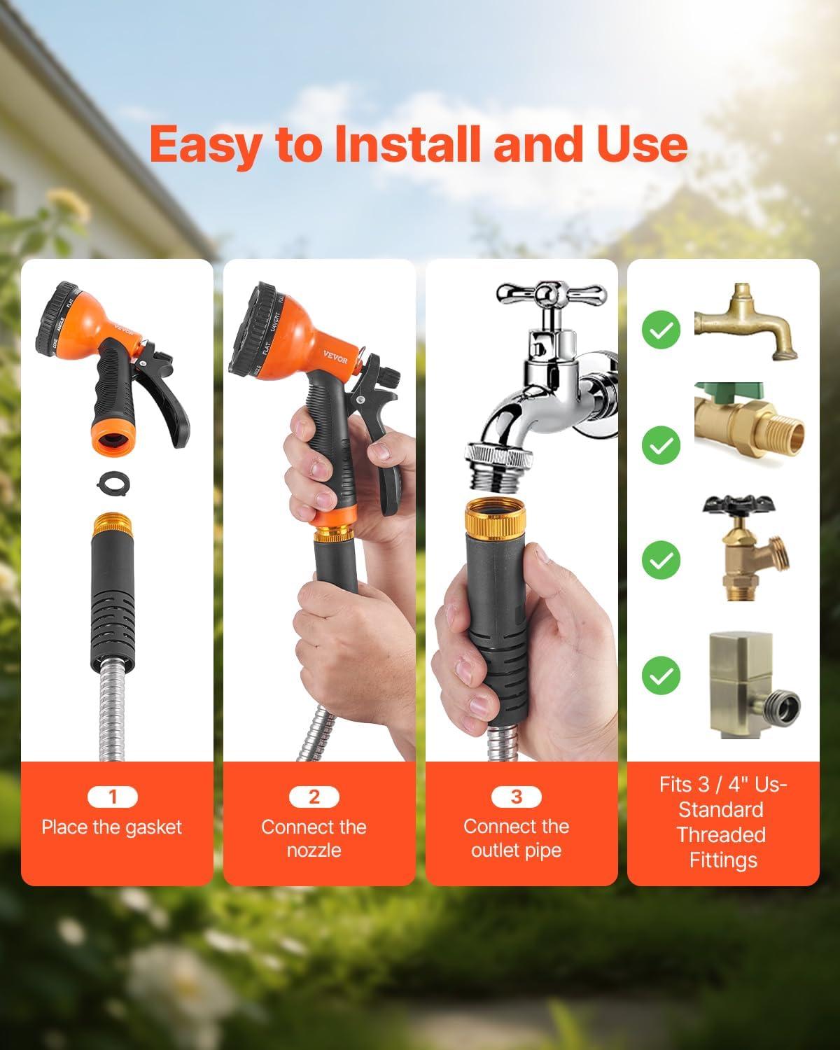 image:imageVEVOR Garden Hose Metal 100FT Heavy Duty Stainless Steel Water Hose Flexible No Kink amp Tangle Puncture Resistant amp Rust Proof Lightweight w 10Function Spray Nozzle for Yard Outdoor Gardening200 ft with 10 Function Spray Nozzle