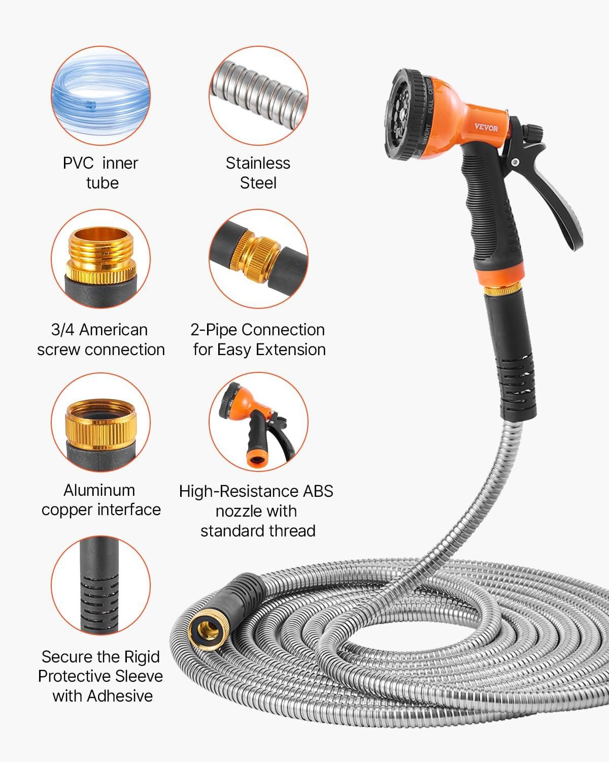image:imageVEVOR Garden Hose Metal 100FT Heavy Duty Stainless Steel Water Hose Flexible No Kink amp Tangle Puncture Resistant amp Rust Proof Lightweight w 10Function Spray Nozzle for Yard Outdoor Gardening200 ft with 10 Function Spray Nozzle