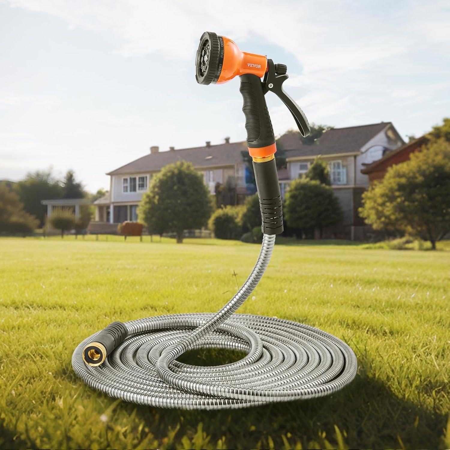 image:imageVEVOR Garden Hose Metal 100FT Heavy Duty Stainless Steel Water Hose Flexible No Kink amp Tangle Puncture Resistant amp Rust Proof Lightweight w 10Function Spray Nozzle for Yard Outdoor Gardening75 ft with 10 Function Spray Nozzle