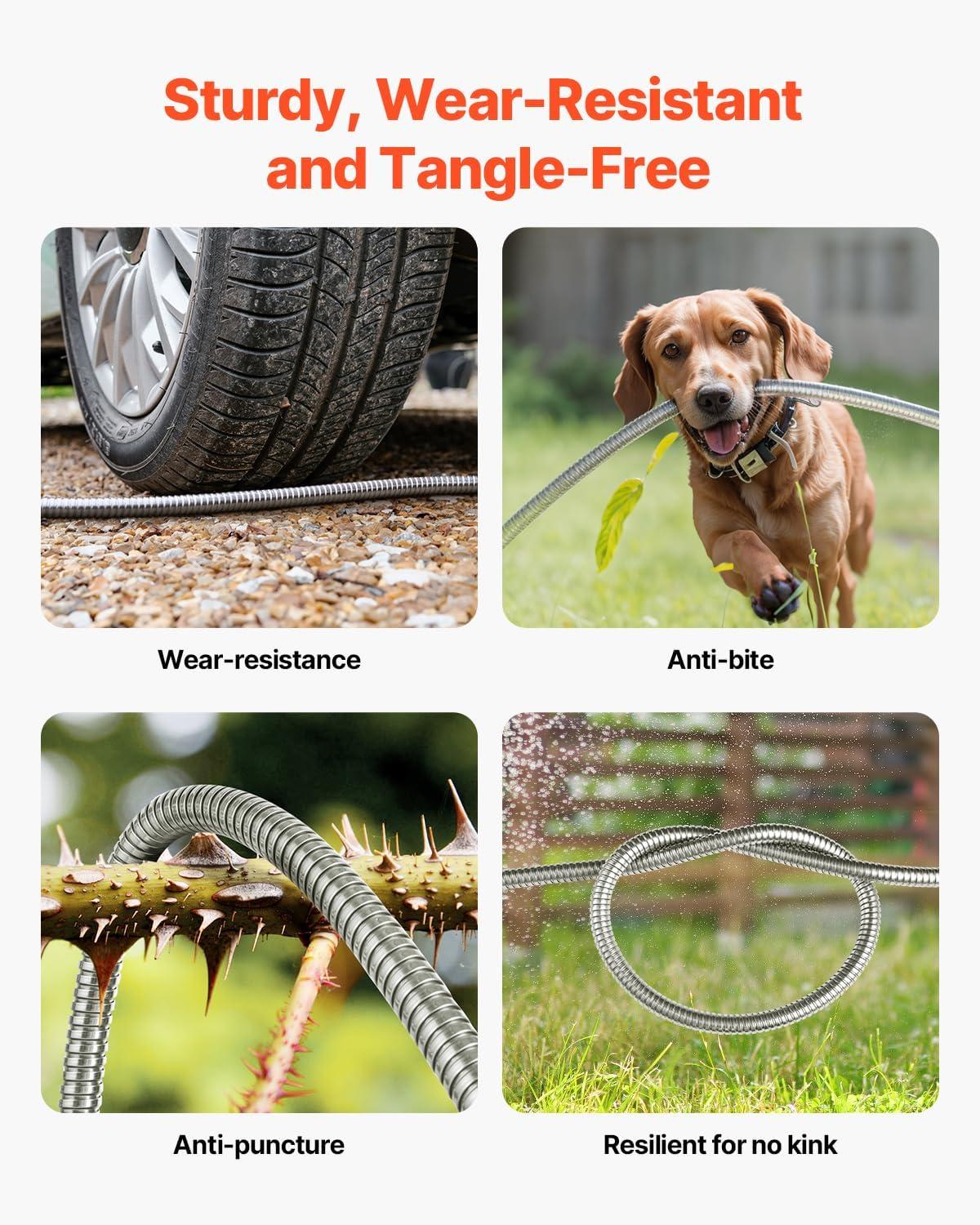 image:imageVEVOR Garden Hose Metal 100FT Heavy Duty Stainless Steel Water Hose Flexible No Kink amp Tangle Puncture Resistant amp Rust Proof Lightweight w 10Function Spray Nozzle for Yard Outdoor Gardening200 ft with 10 Function Spray Nozzle