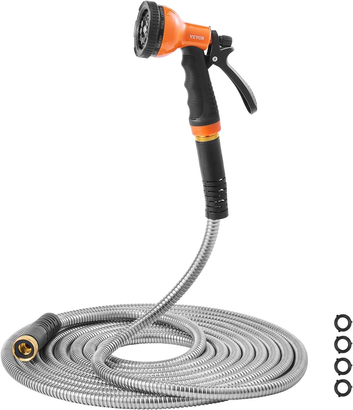 image:imageVEVOR Garden Hose Metal 100FT Heavy Duty Stainless Steel Water Hose Flexible No Kink amp Tangle Puncture Resistant amp Rust Proof Lightweight w 10Function Spray Nozzle for Yard Outdoor Gardening200 ft with 10 Function Spray Nozzle