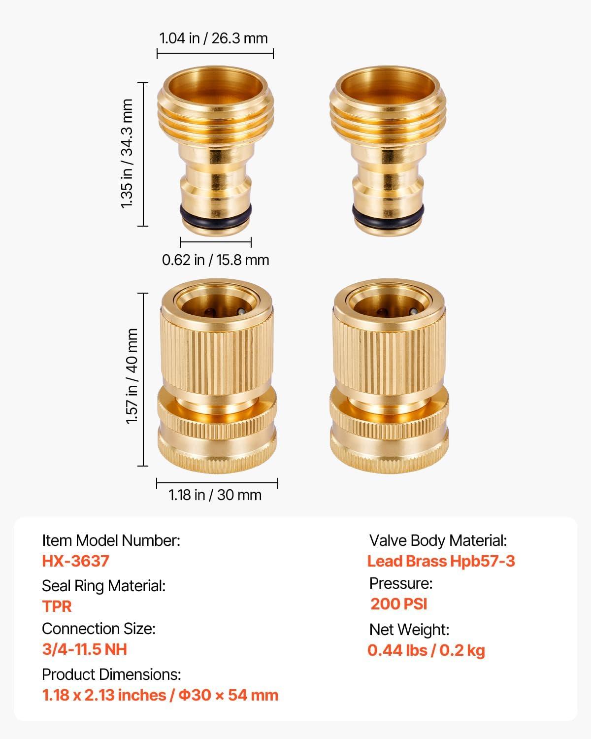 image:imageVEVOR Garden Hose Quick Connect 34 inch Male amp Female 200 PSI Heavy Duty Solid Brass Quick Connector 2 Sets Garden Hose Fitting No Leak Water Hoses Connectors with Gaskets