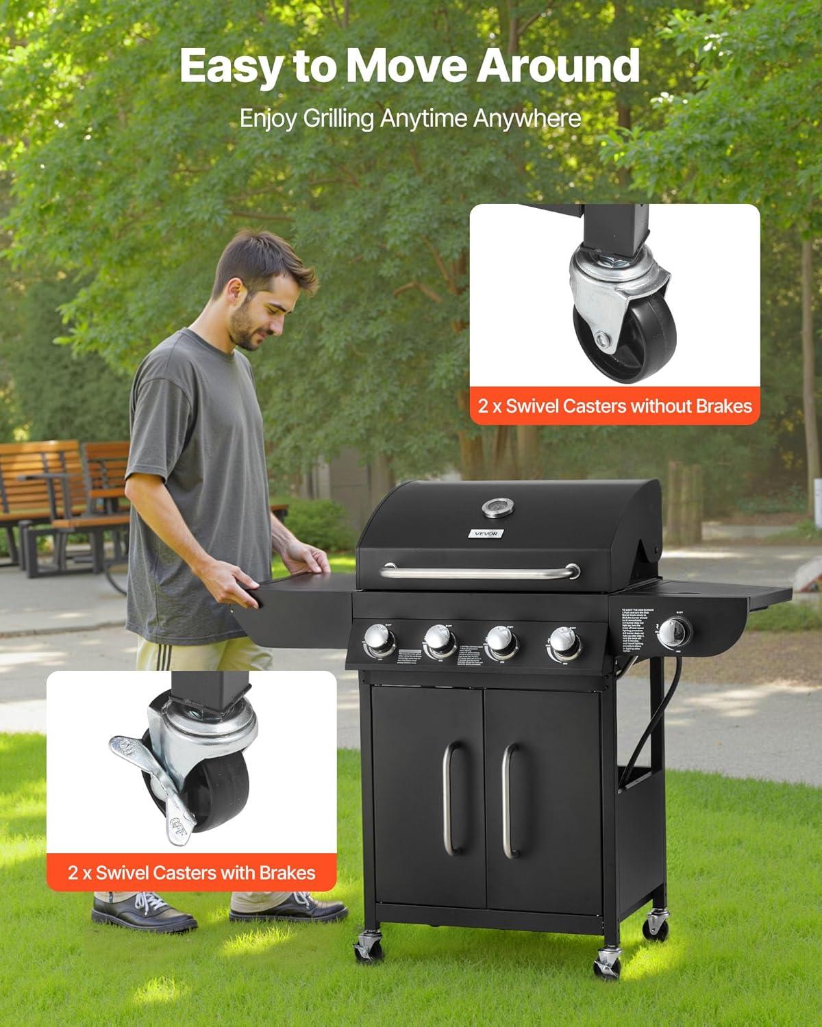 image:imageVEVOR Gas Grill 4 Burner Propane Gas Grill with Side Burner 425 SQIn Grilling Area Carbon Steel Enamel Grates Outdoor 52000 BTU Patio Garden BBQ Grills with Two Side Shelves Stainless Steel41 Burner Carbon Steel