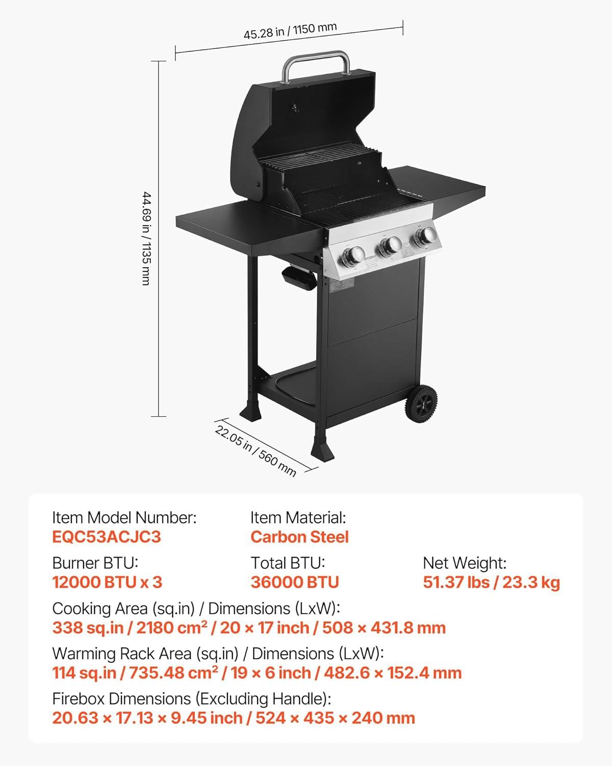 image:imageVEVOR Gas Grill 4 Burner Propane Gas Grill with Side Burner 425 SQIn Grilling Area Carbon Steel Enamel Grates Outdoor 52000 BTU Patio Garden BBQ Grills with Two Side Shelves Stainless Steel3 Burner Carbon Steel