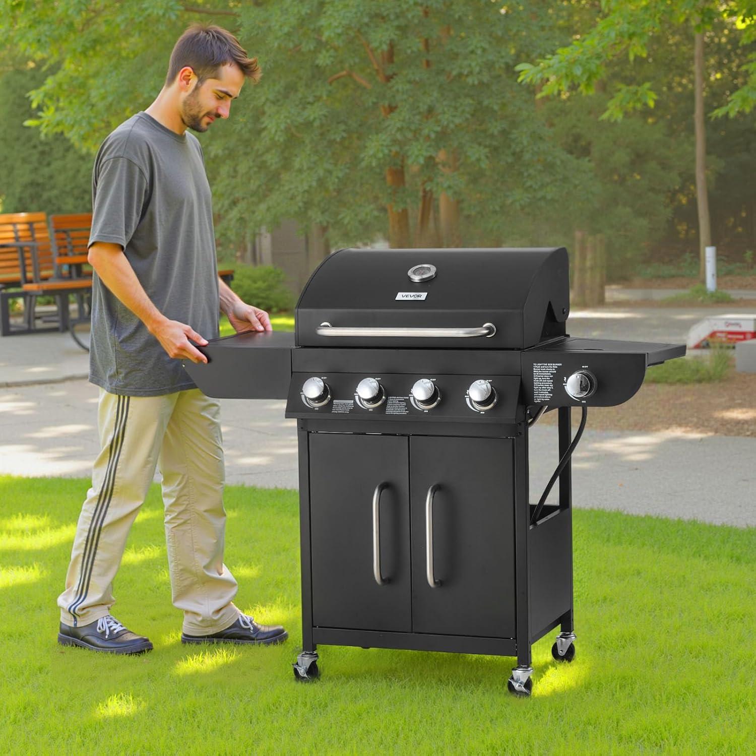 image:imageVEVOR Gas Grill 4 Burner Propane Gas Grill with Side Burner 425 SQIn Grilling Area Carbon Steel Enamel Grates Outdoor 52000 BTU Patio Garden BBQ Grills with Two Side Shelves Stainless Steel41 Burner Carbon Steel