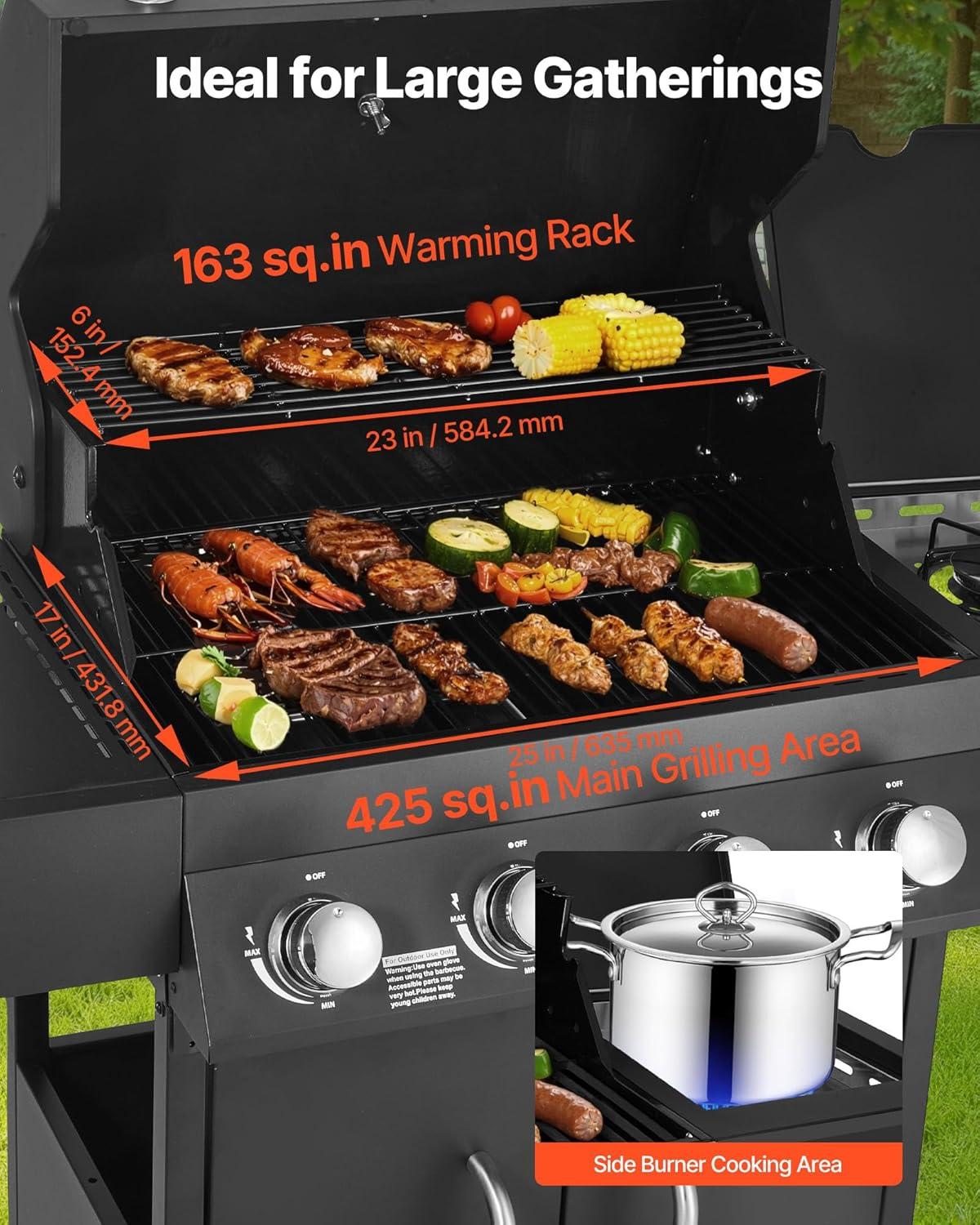 image:imageVEVOR Gas Grill 4 Burner Propane Gas Grill with Side Burner 425 SQIn Grilling Area Carbon Steel Enamel Grates Outdoor 52000 BTU Patio Garden BBQ Grills with Two Side Shelves Stainless Steel41 Burner Carbon Steel