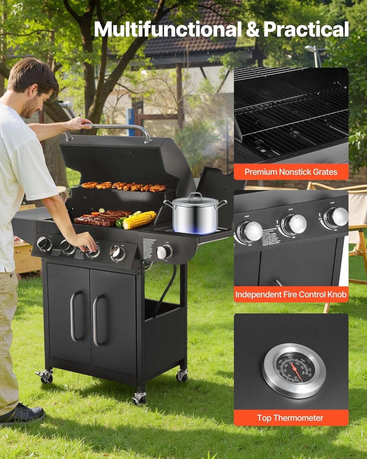 image:imageVEVOR Gas Grill 4 Burner Propane Gas Grill with Side Burner 425 SQIn Grilling Area Carbon Steel Enamel Grates Outdoor 52000 BTU Patio Garden BBQ Grills with Two Side Shelves Stainless Steel41 Burner Carbon Steel