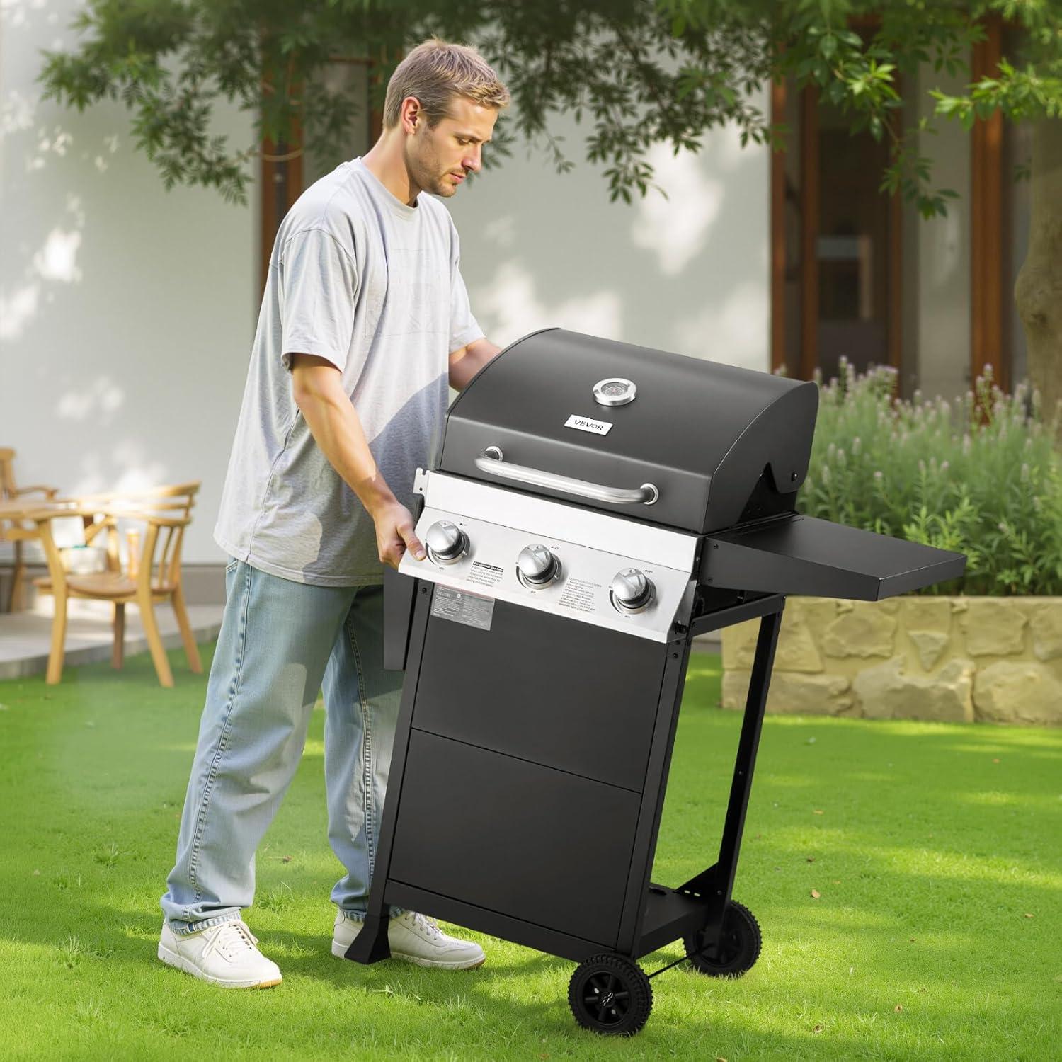 image:imageVEVOR Gas Grill 4 Burner Propane Gas Grill with Side Burner 425 SQIn Grilling Area Carbon Steel Enamel Grates Outdoor 52000 BTU Patio Garden BBQ Grills with Two Side Shelves Stainless Steel3 Burner Carbon Steel