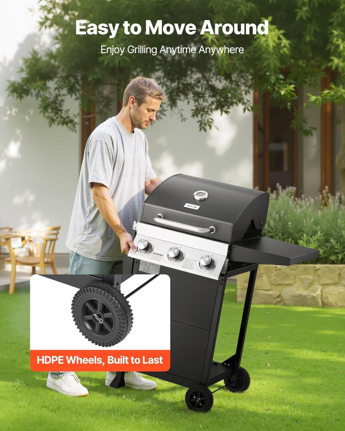 image:imageVEVOR Gas Grill 4 Burner Propane Gas Grill with Side Burner 425 SQIn Grilling Area Carbon Steel Enamel Grates Outdoor 52000 BTU Patio Garden BBQ Grills with Two Side Shelves Stainless Steel3 Burner Carbon Steel