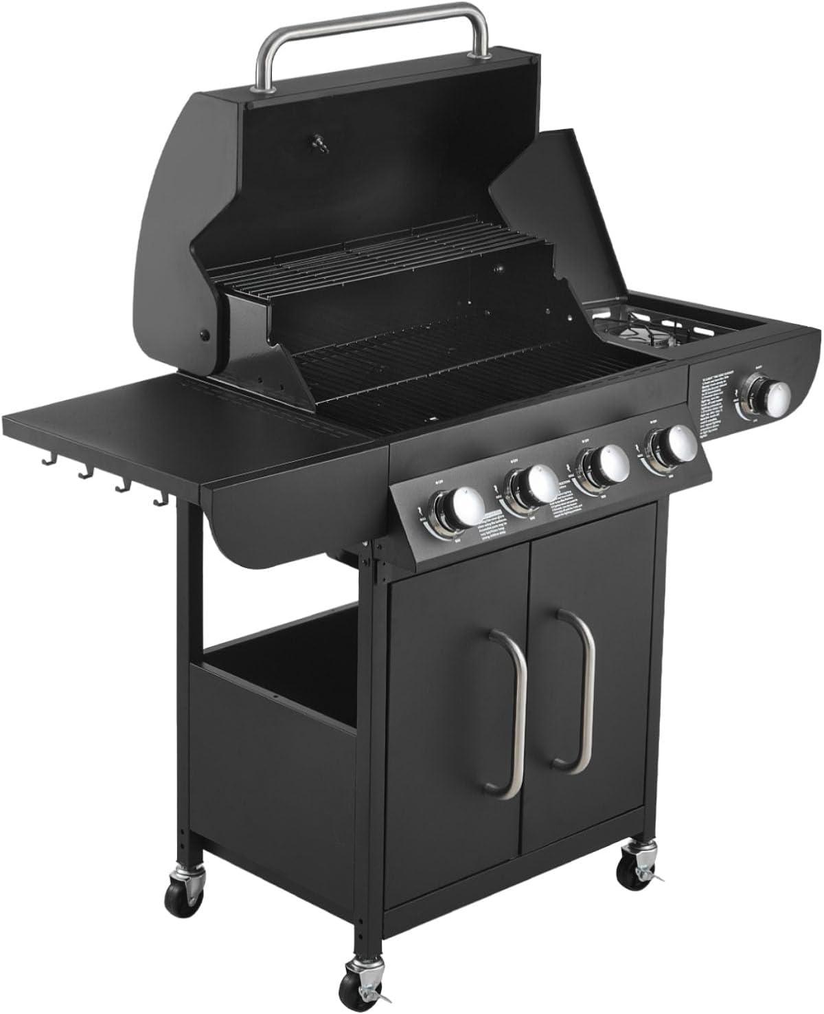 image:imageVEVOR Gas Grill 4 Burner Propane Gas Grill with Side Burner 425 SQIn Grilling Area Carbon Steel Enamel Grates Outdoor 52000 BTU Patio Garden BBQ Grills with Two Side Shelves Stainless Steel41 Burner Carbon Steel
