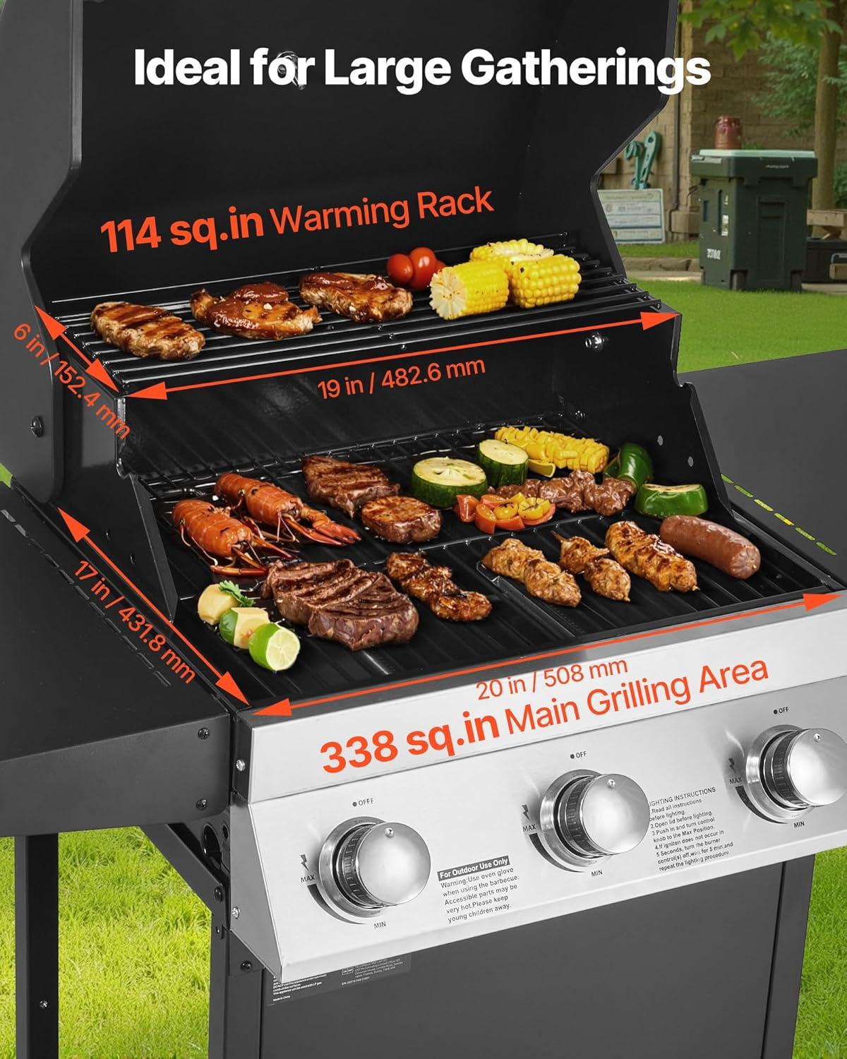 image:imageVEVOR Gas Grill 4 Burner Propane Gas Grill with Side Burner 425 SQIn Grilling Area Carbon Steel Enamel Grates Outdoor 52000 BTU Patio Garden BBQ Grills with Two Side Shelves Stainless Steel3 Burner Carbon Steel