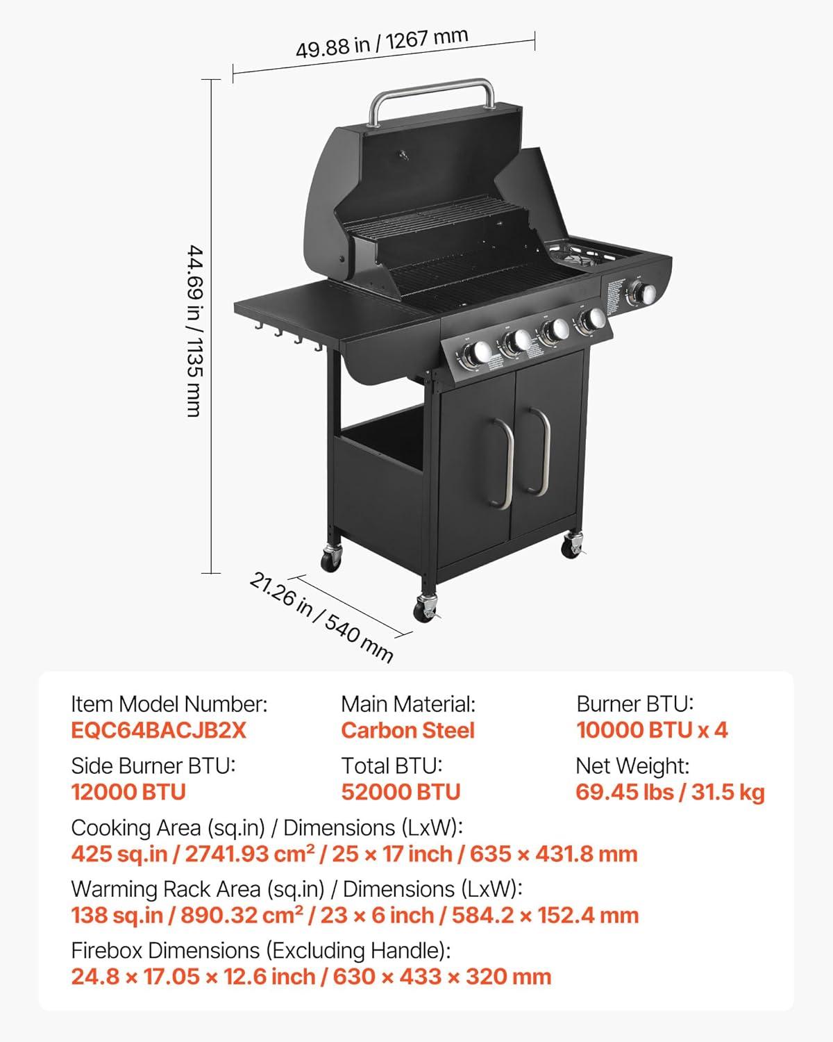 image:imageVEVOR Gas Grill 4 Burner Propane Gas Grill with Side Burner 425 SQIn Grilling Area Carbon Steel Enamel Grates Outdoor 52000 BTU Patio Garden BBQ Grills with Two Side Shelves Stainless Steel41 Burner Carbon Steel