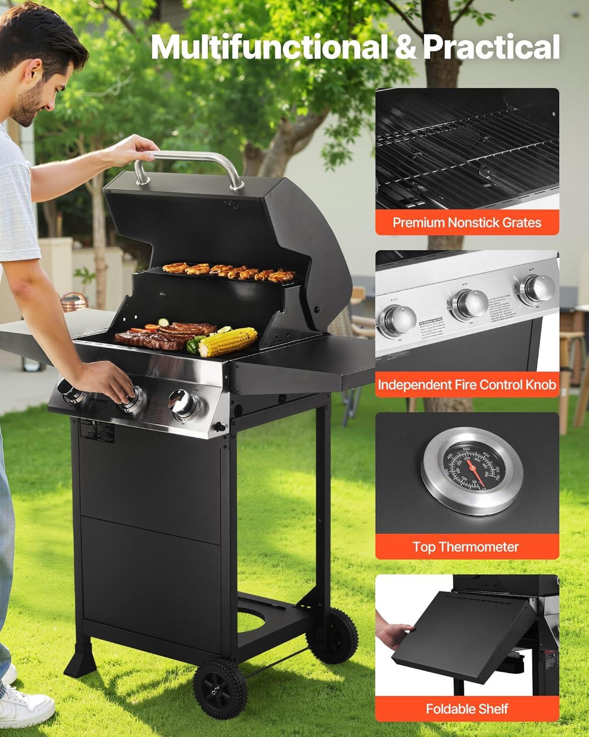image:imageVEVOR Gas Grill 4 Burner Propane Gas Grill with Side Burner 425 SQIn Grilling Area Carbon Steel Enamel Grates Outdoor 52000 BTU Patio Garden BBQ Grills with Two Side Shelves Stainless Steel3 Burner Carbon Steel