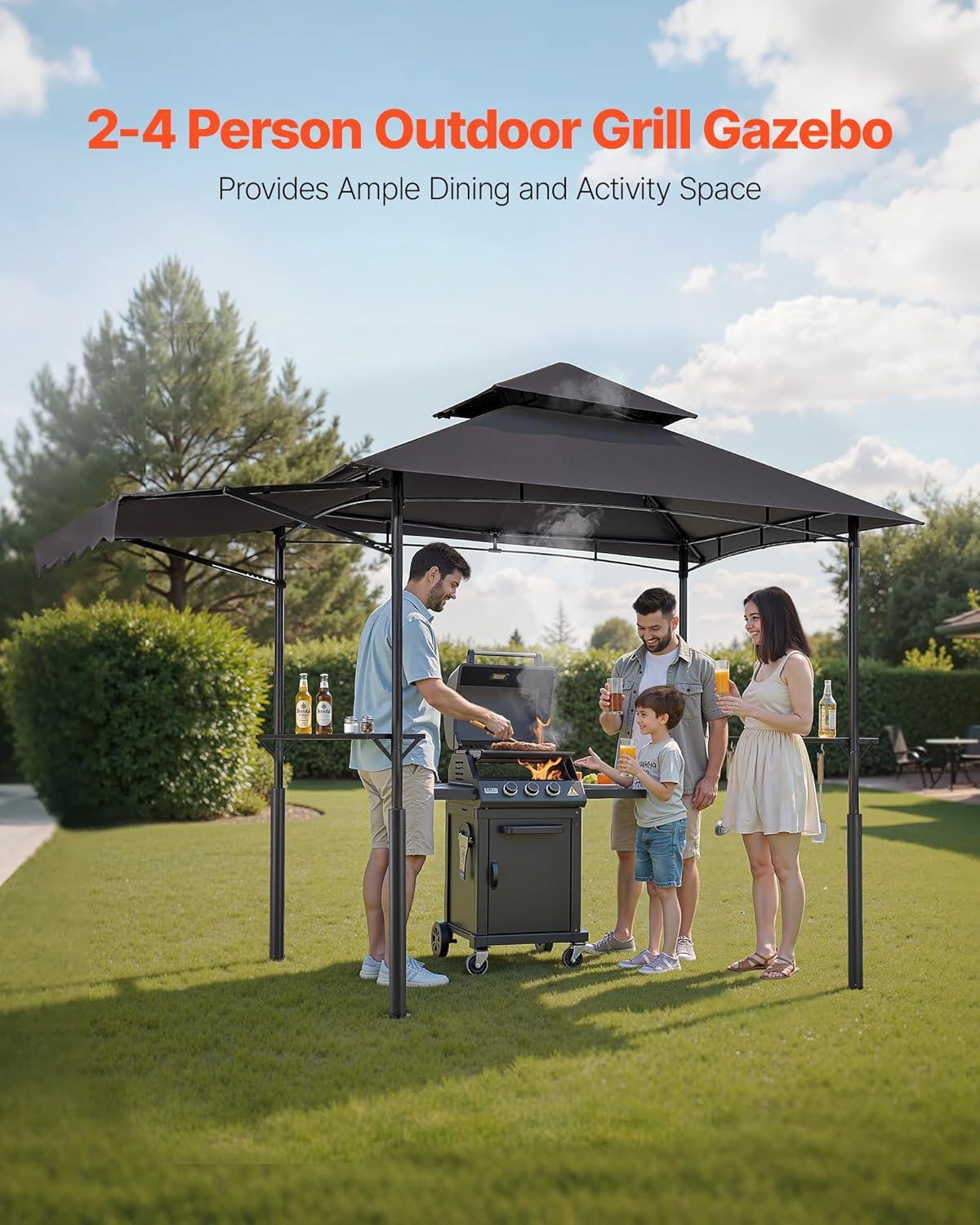 image:imageVEVOR Grill Gazebo 8 x 5 ft DoubleTiered Top BBQ Gazebo with Extra Awning PowderCoated Steel Patio Grill Shelter with 2 Side Shelves Bottle Opener amp Hooks Outdoor Grilling Canopy for GardenLeg Plus Style with Extra Awning