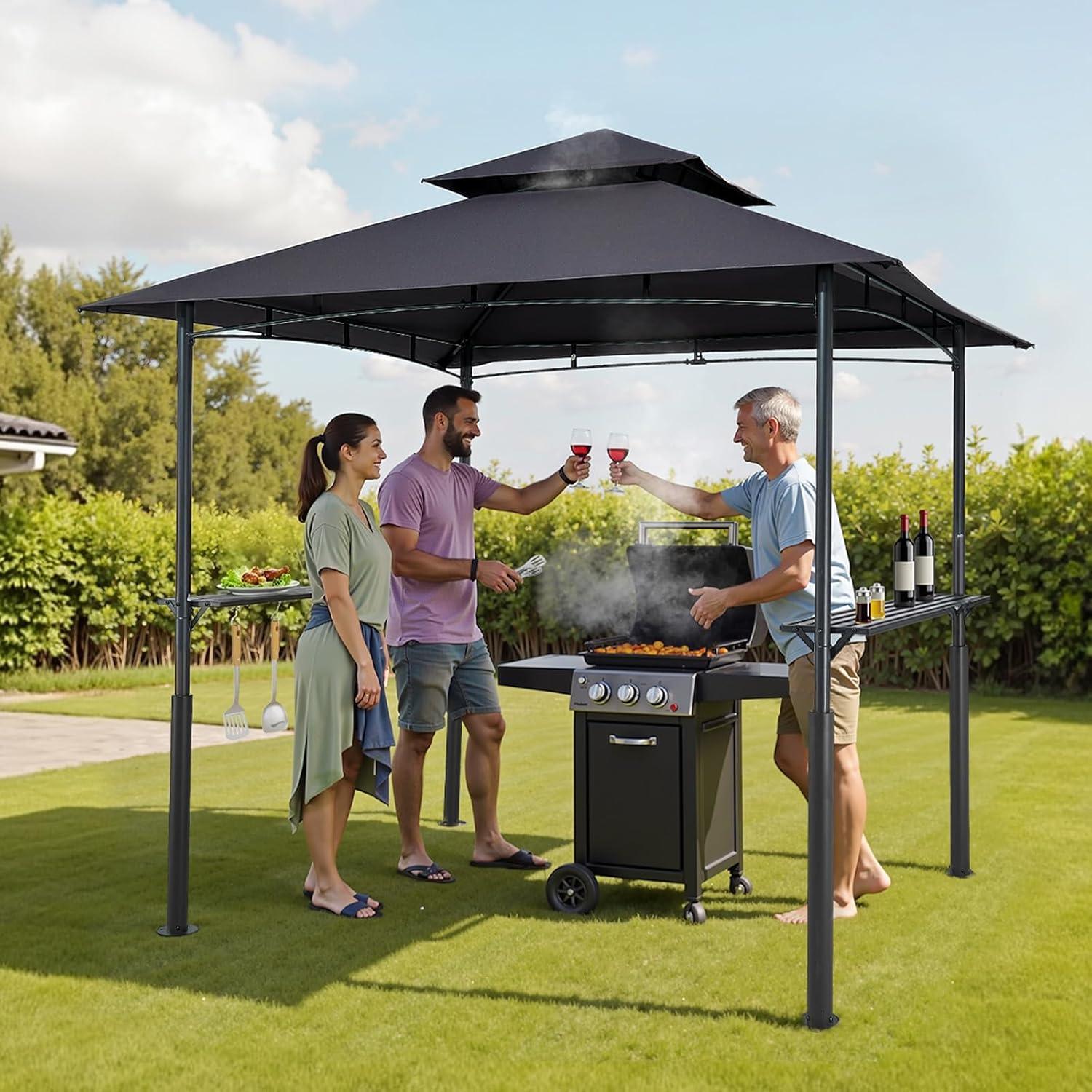 image:imageVEVOR Grill Gazebo 8 x 5 ft DoubleTiered Top BBQ Gazebo with Extra Awning PowderCoated Steel Patio Grill Shelter with 2 Side Shelves Bottle Opener amp Hooks Outdoor Grilling Canopy for GardenLeg Plus Style