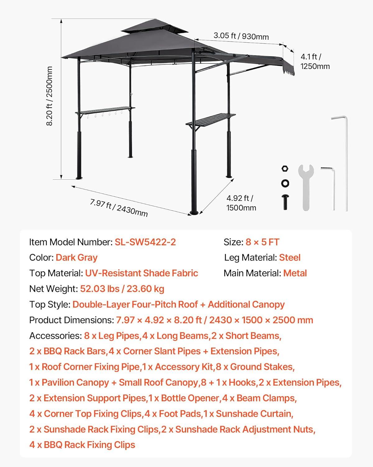 image:imageVEVOR Grill Gazebo 8 x 5 ft DoubleTiered Top BBQ Gazebo with Extra Awning PowderCoated Steel Patio Grill Shelter with 2 Side Shelves Bottle Opener amp Hooks Outdoor Grilling Canopy for GardenLeg Plus Style with Extra Awning