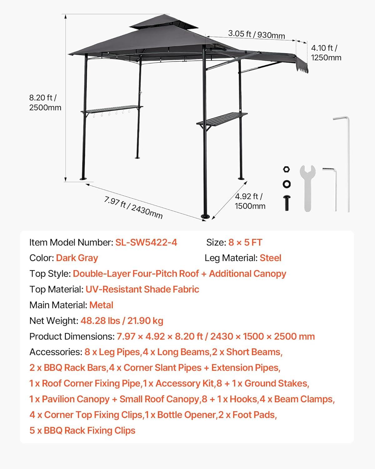 image:imageVEVOR Grill Gazebo 8 x 5 ft DoubleTiered Top BBQ Gazebo with Extra Awning PowderCoated Steel Patio Grill Shelter with 2 Side Shelves Bottle Opener amp Hooks Outdoor Grilling Canopy for GardenClassic Style with Extra Awning