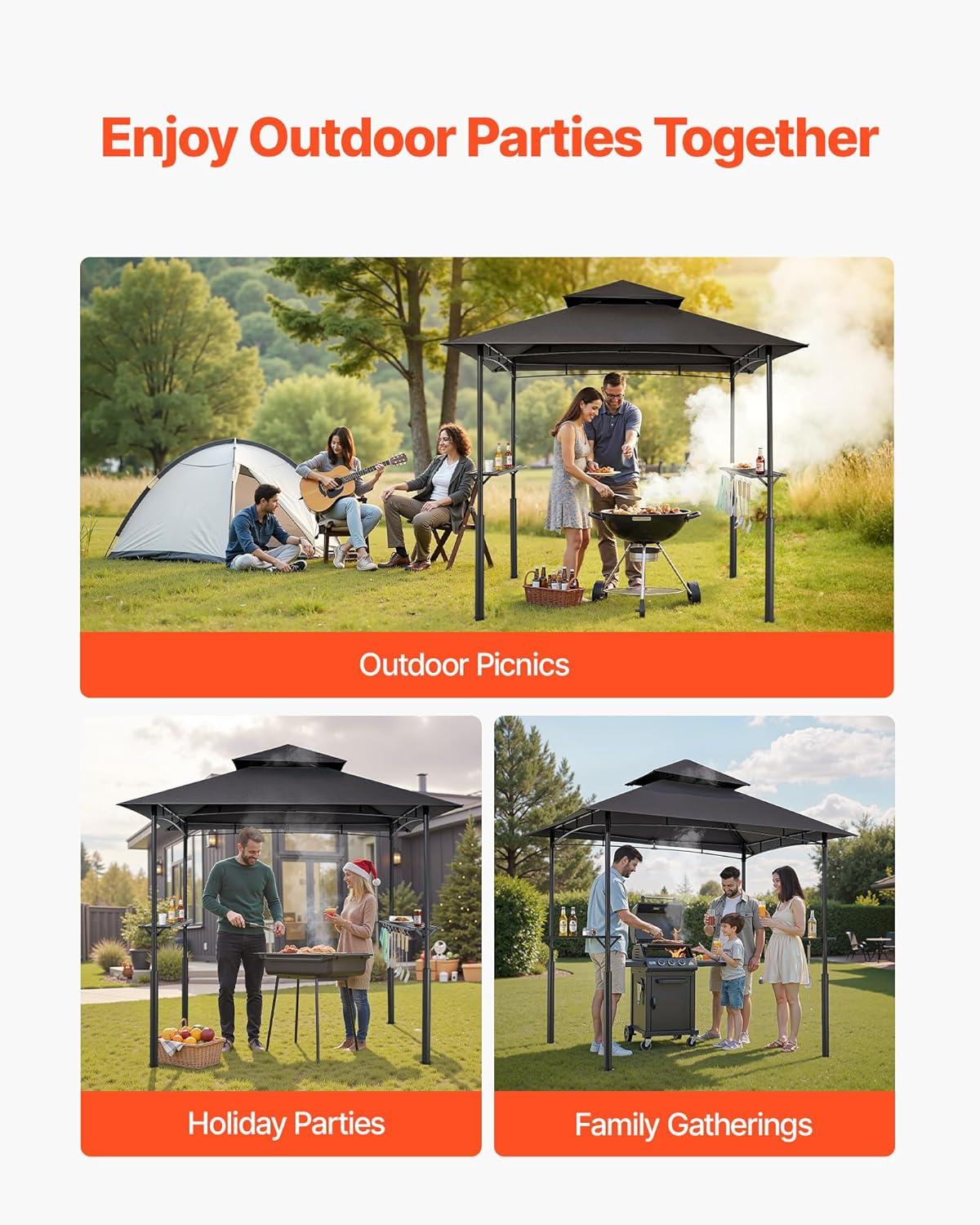 image:imageVEVOR Grill Gazebo 8 x 5 ft DoubleTiered Top BBQ Gazebo with Extra Awning PowderCoated Steel Patio Grill Shelter with 2 Side Shelves Bottle Opener amp Hooks Outdoor Grilling Canopy for GardenLeg Plus Style