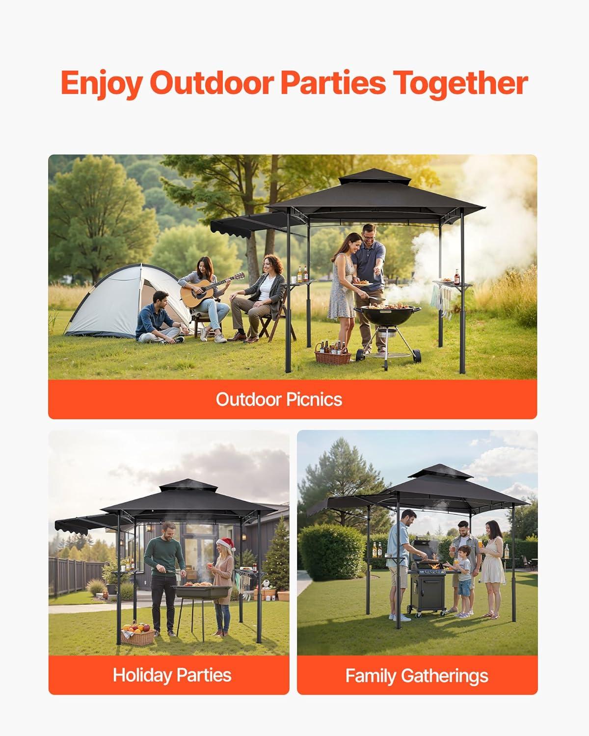 image:imageVEVOR Grill Gazebo 8 x 5 ft DoubleTiered Top BBQ Gazebo with Extra Awning PowderCoated Steel Patio Grill Shelter with 2 Side Shelves Bottle Opener amp Hooks Outdoor Grilling Canopy for GardenLeg Plus Style with Extra Awning