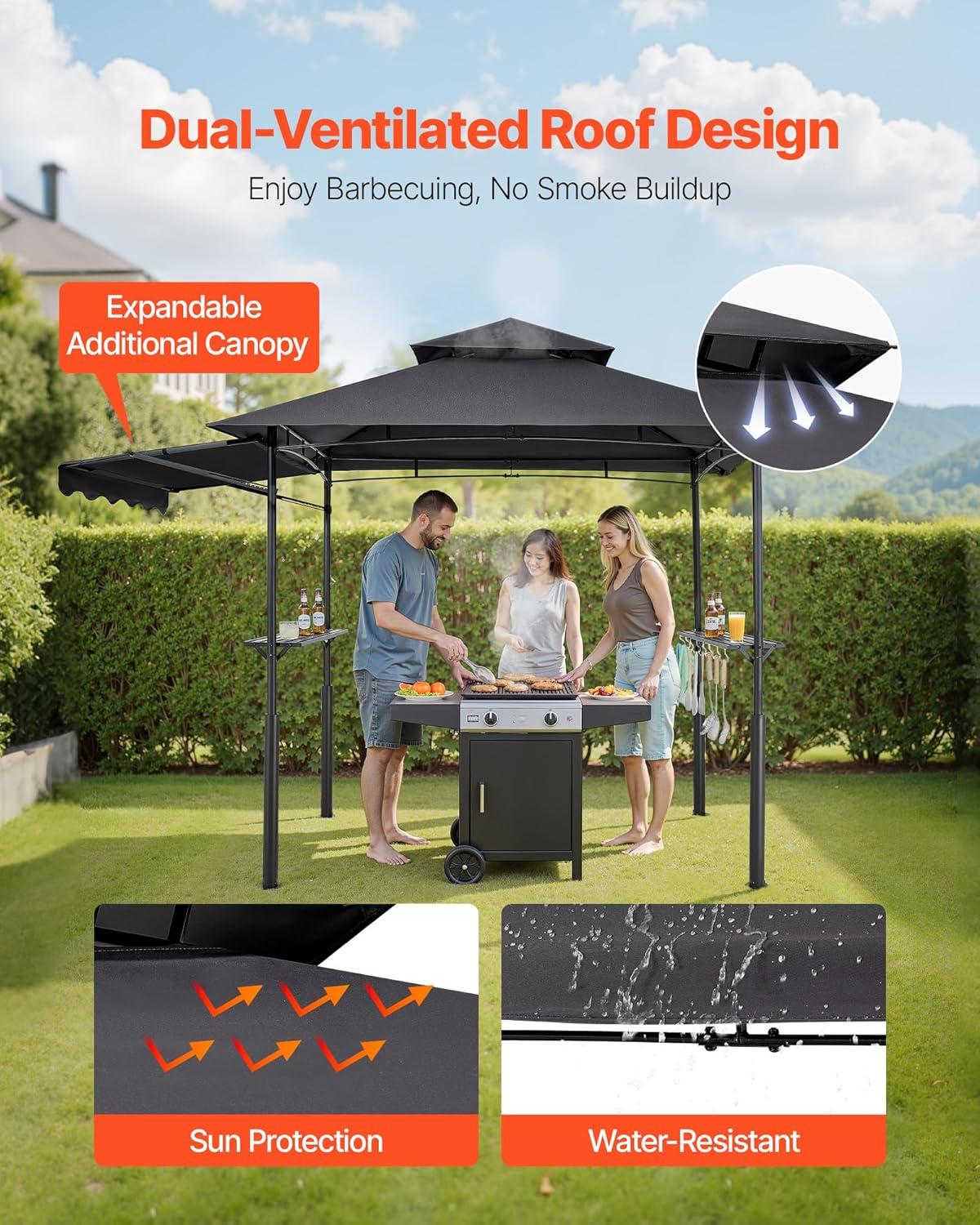 image:imageVEVOR Grill Gazebo 8 x 5 ft DoubleTiered Top BBQ Gazebo with Extra Awning PowderCoated Steel Patio Grill Shelter with 2 Side Shelves Bottle Opener amp Hooks Outdoor Grilling Canopy for GardenLeg Plus Style with Extra Awning