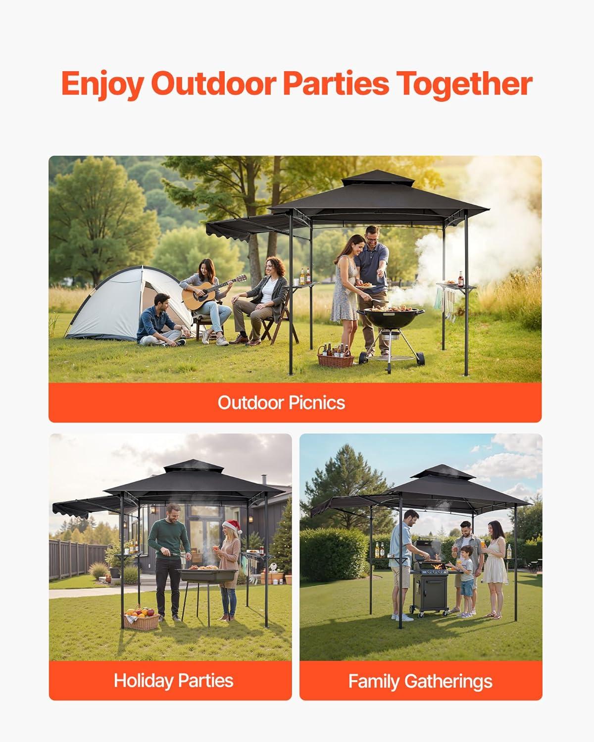 image:imageVEVOR Grill Gazebo 8 x 5 ft DoubleTiered Top BBQ Gazebo with Extra Awning PowderCoated Steel Patio Grill Shelter with 2 Side Shelves Bottle Opener amp Hooks Outdoor Grilling Canopy for GardenClassic Style with Extra Awning
