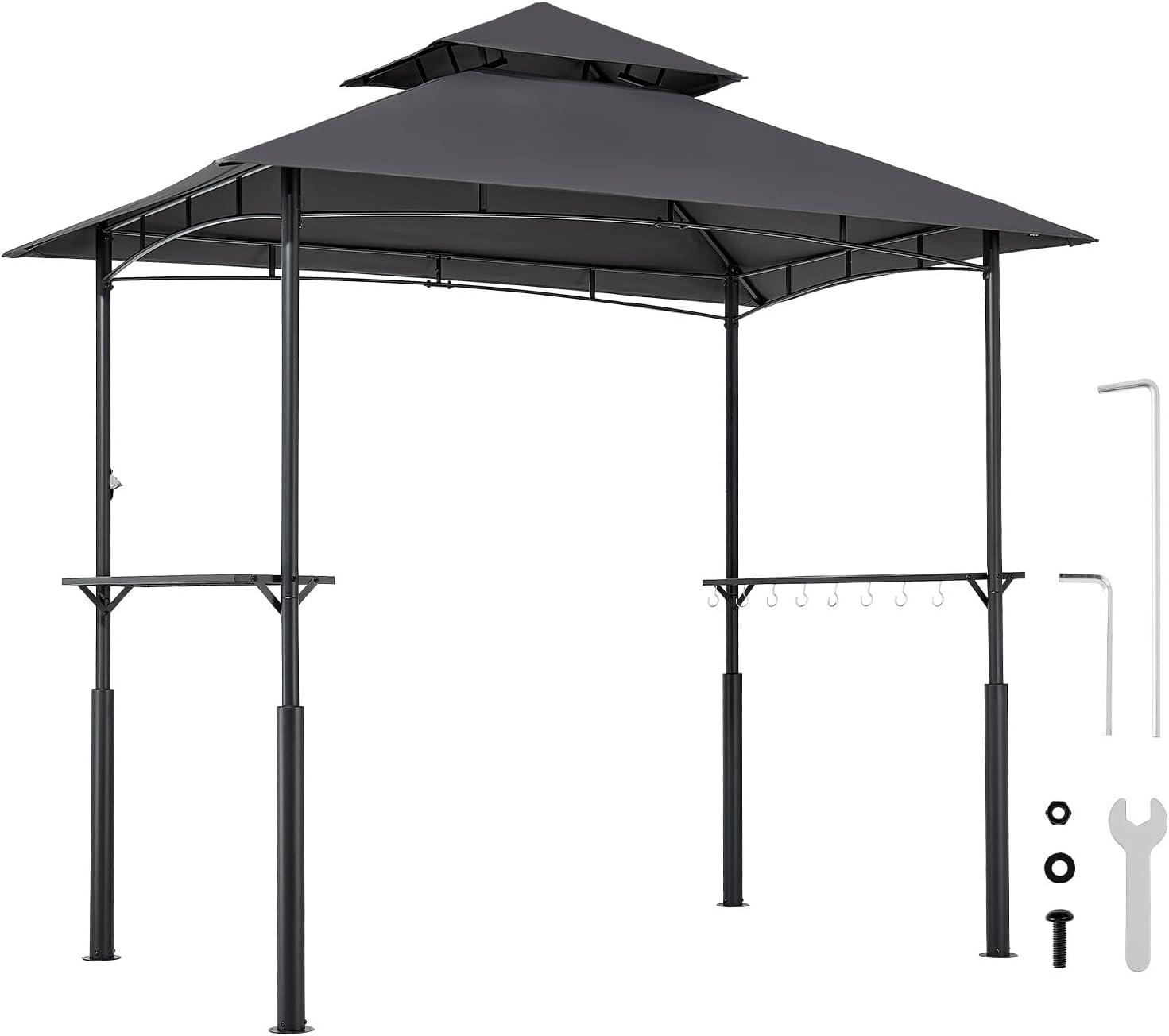 image:imageVEVOR Grill Gazebo 8 x 5 ft DoubleTiered Top BBQ Gazebo with Extra Awning PowderCoated Steel Patio Grill Shelter with 2 Side Shelves Bottle Opener amp Hooks Outdoor Grilling Canopy for GardenLeg Plus Style