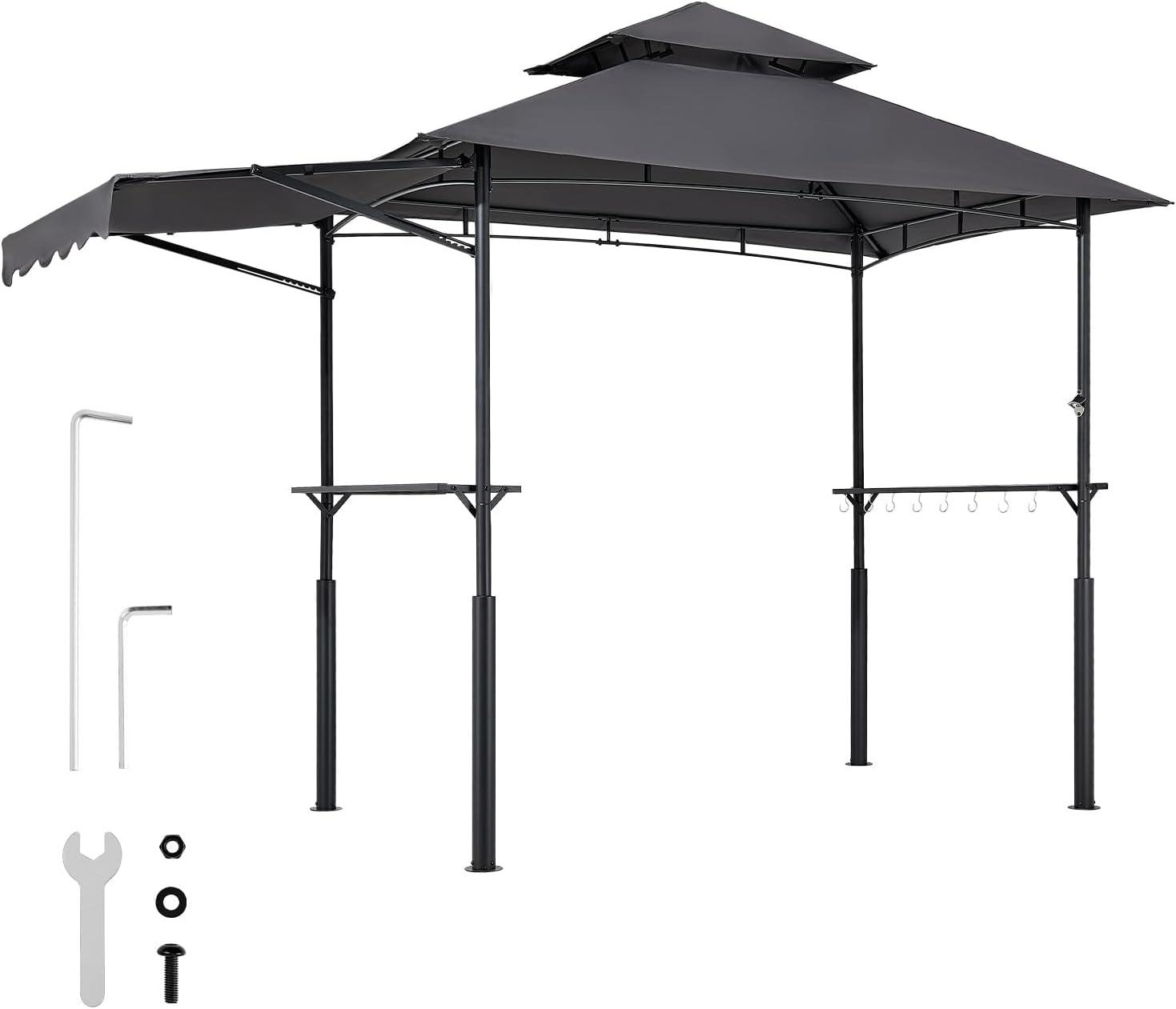 image:imageVEVOR Grill Gazebo 8 x 5 ft DoubleTiered Top BBQ Gazebo with Extra Awning PowderCoated Steel Patio Grill Shelter with 2 Side Shelves Bottle Opener amp Hooks Outdoor Grilling Canopy for GardenLeg Plus Style with Extra Awning