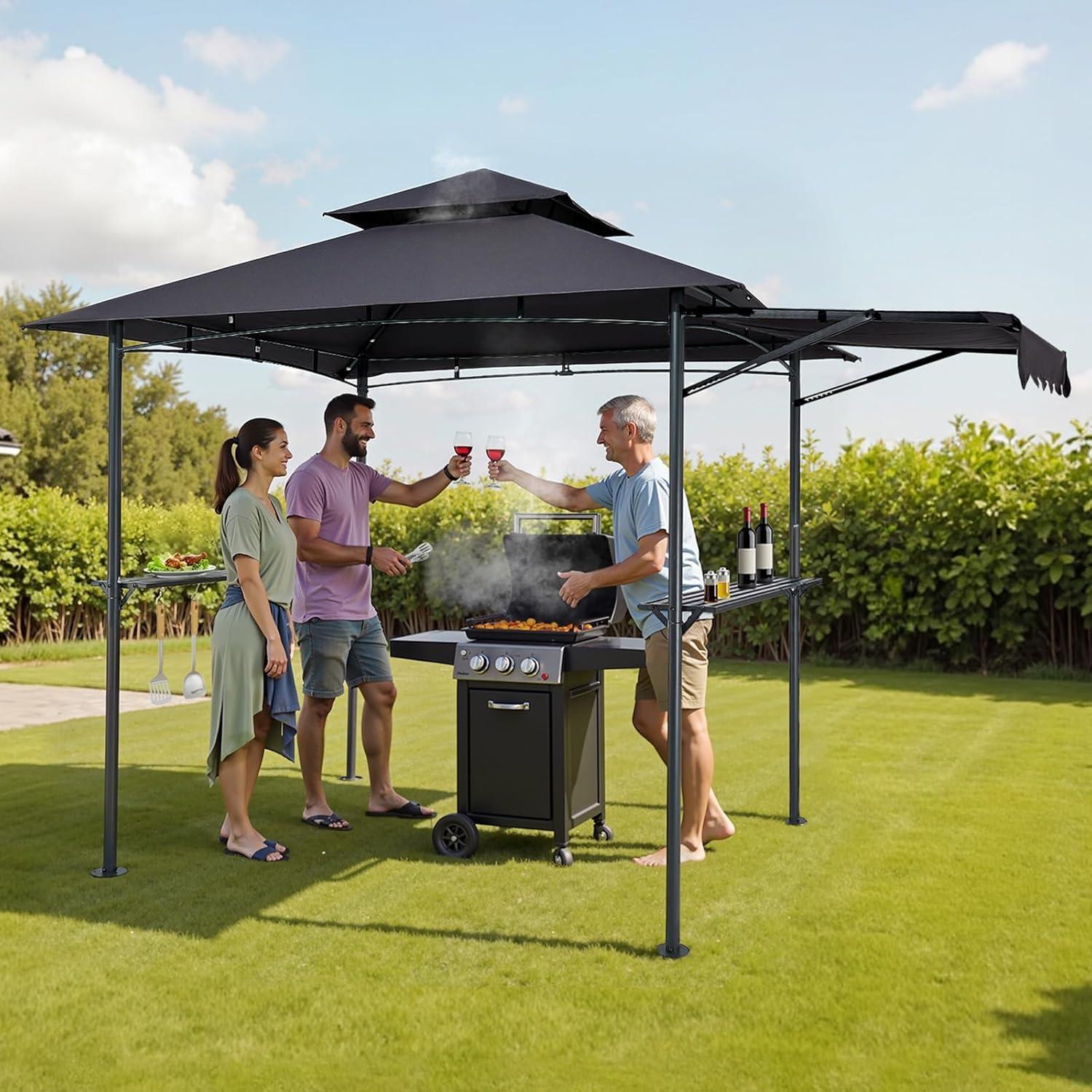 image:imageVEVOR Grill Gazebo 8 x 5 ft DoubleTiered Top BBQ Gazebo with Extra Awning PowderCoated Steel Patio Grill Shelter with 2 Side Shelves Bottle Opener amp Hooks Outdoor Grilling Canopy for GardenClassic Style with Extra Awning
