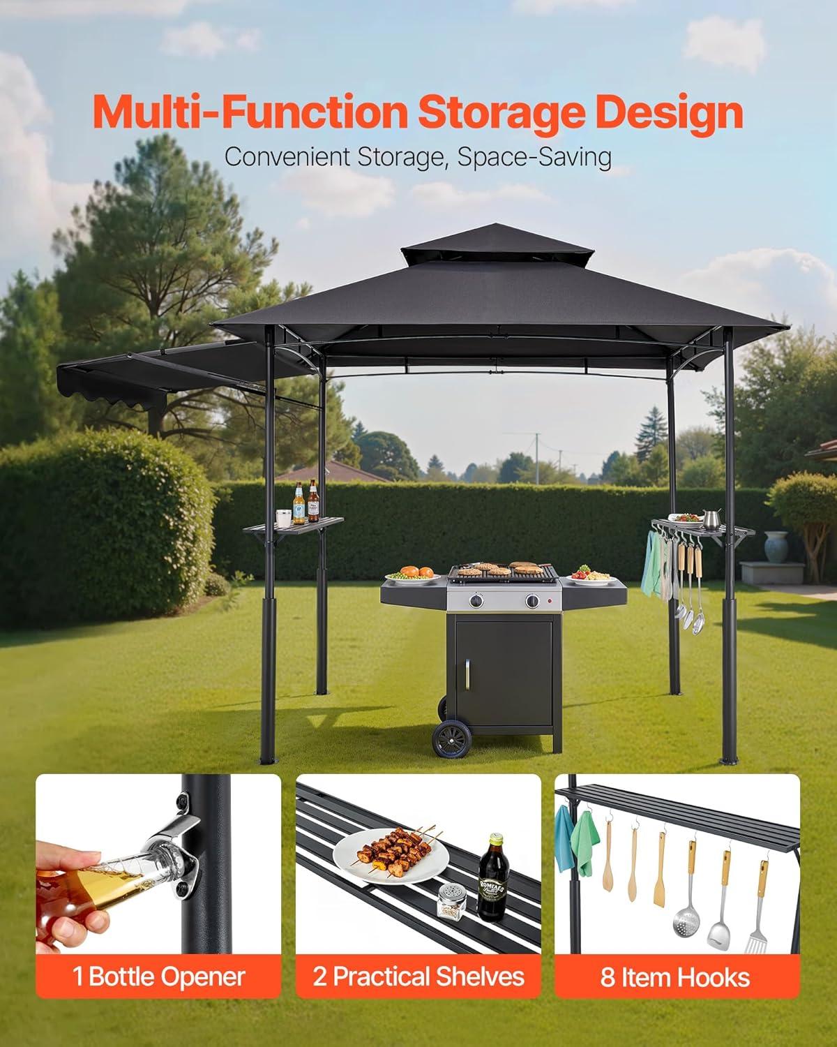 image:imageVEVOR Grill Gazebo 8 x 5 ft DoubleTiered Top BBQ Gazebo with Extra Awning PowderCoated Steel Patio Grill Shelter with 2 Side Shelves Bottle Opener amp Hooks Outdoor Grilling Canopy for GardenLeg Plus Style with Extra Awning
