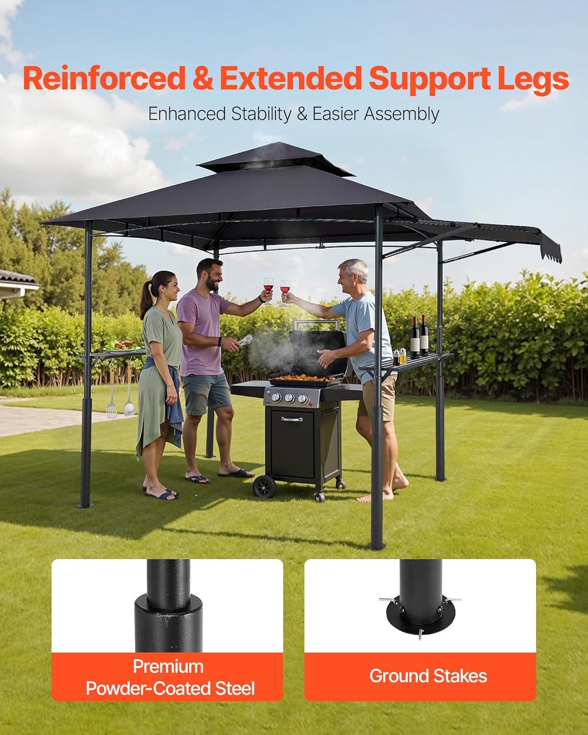 image:imageVEVOR Grill Gazebo 8 x 5 ft DoubleTiered Top BBQ Gazebo with Extra Awning PowderCoated Steel Patio Grill Shelter with 2 Side Shelves Bottle Opener amp Hooks Outdoor Grilling Canopy for GardenLeg Plus Style with Extra Awning