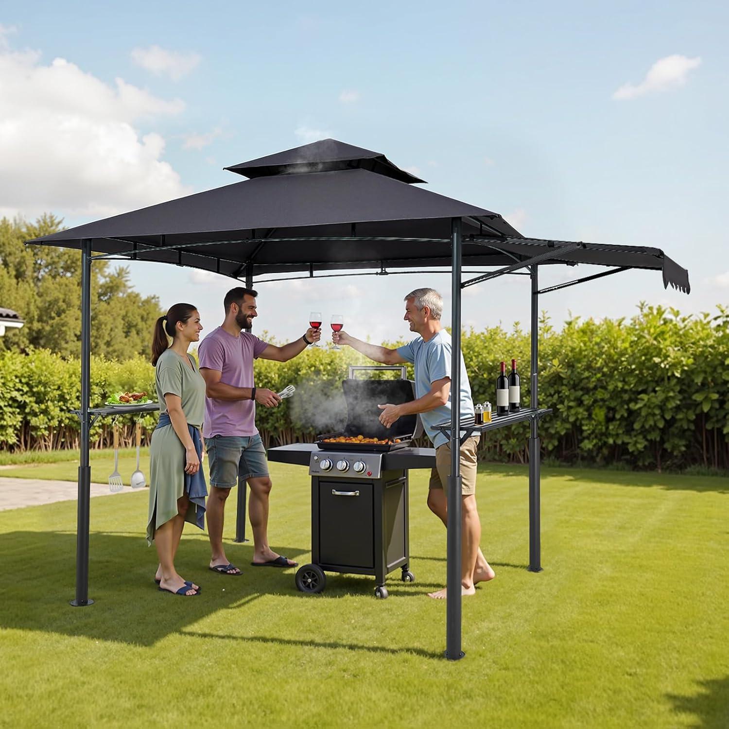 image:imageVEVOR Grill Gazebo 8 x 5 ft DoubleTiered Top BBQ Gazebo with Extra Awning PowderCoated Steel Patio Grill Shelter with 2 Side Shelves Bottle Opener amp Hooks Outdoor Grilling Canopy for GardenLeg Plus Style with Extra Awning