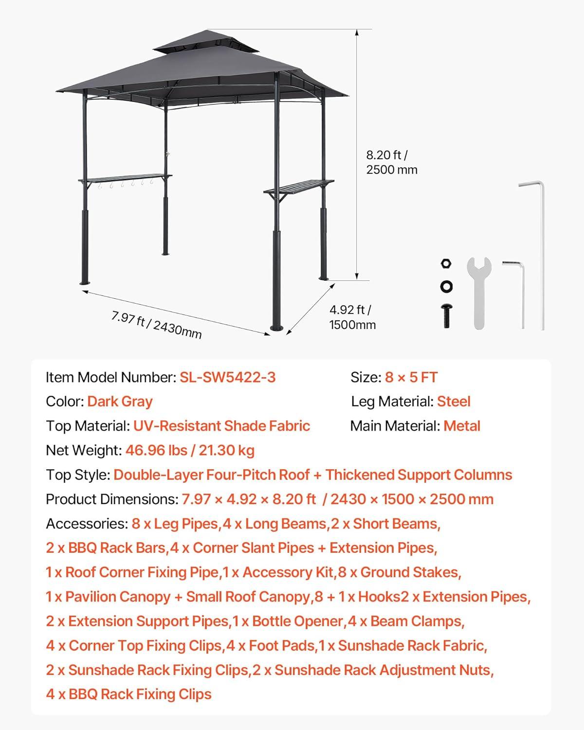 image:imageVEVOR Grill Gazebo 8 x 5 ft DoubleTiered Top BBQ Gazebo with Extra Awning PowderCoated Steel Patio Grill Shelter with 2 Side Shelves Bottle Opener amp Hooks Outdoor Grilling Canopy for GardenLeg Plus Style