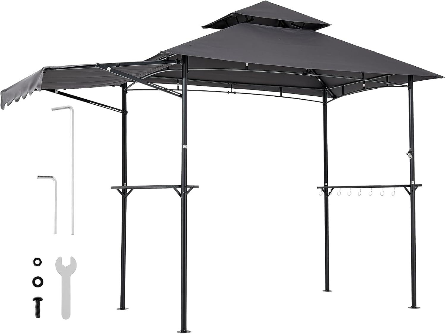 image:imageVEVOR Grill Gazebo 8 x 5 ft DoubleTiered Top BBQ Gazebo with Extra Awning PowderCoated Steel Patio Grill Shelter with 2 Side Shelves Bottle Opener amp Hooks Outdoor Grilling Canopy for GardenClassic Style with Extra Awning