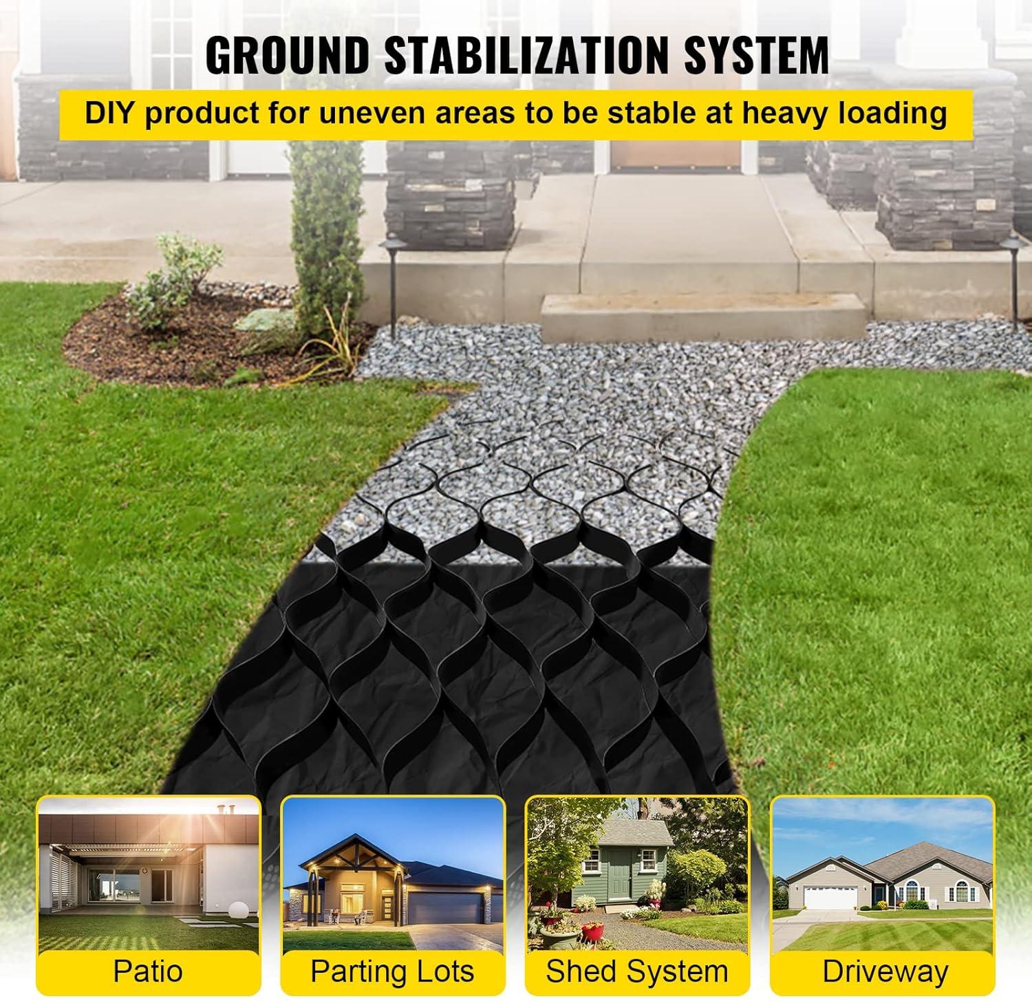 image:imageVEVOR Ground Grid 27 ft x 4 ft 1885 lbs per Sq Ft Load Geo Grid 2 Depth Permeable Stabilization System for DIY Patio Walkway Shed Base Light Vehicle Driveway Parking Lot Grass and Gravel27ft x 4ft