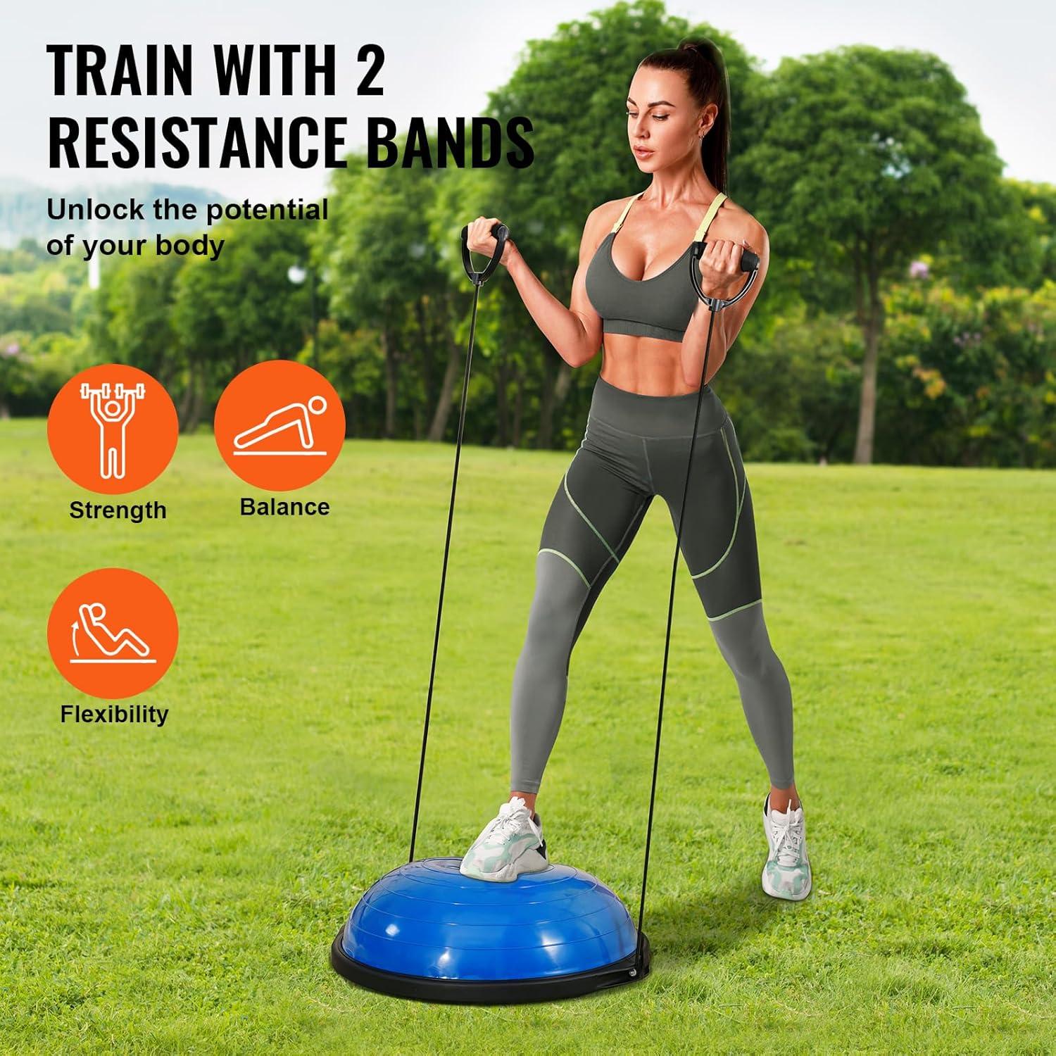 image:imageVEVOR Half Exercise Ball Trainer 2326 inch Balance Ball Trainer 1500lbs Capacity Stability Ball Yoga Ball with Resistance Bands amp Foot Pump Strength Fitness Ball for Home Gym Full Body Workout26 Ripple Blue