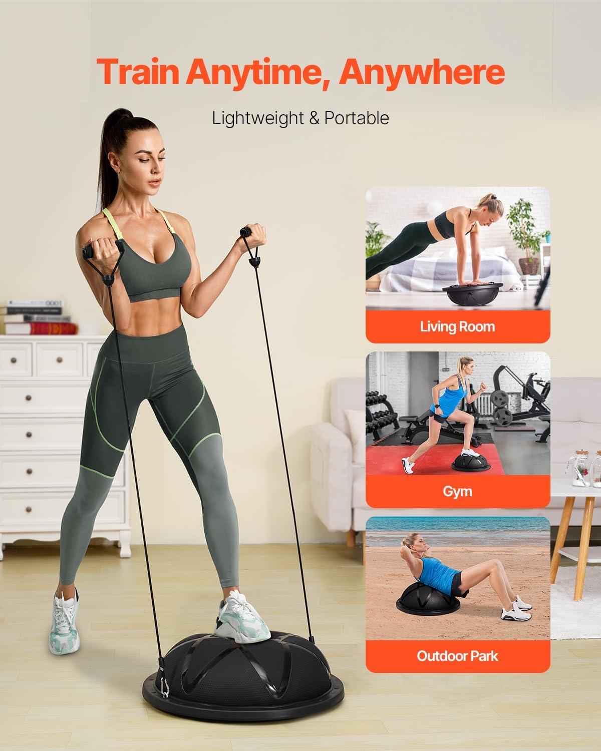 image:imageVEVOR Half Exercise Ball Trainer 2326 inch Balance Ball Trainer 1500lbs Capacity Stability Ball Yoga Ball with Resistance Bands amp Foot Pump Strength Fitness Ball for Home Gym Full Body Workout23 Particle Black