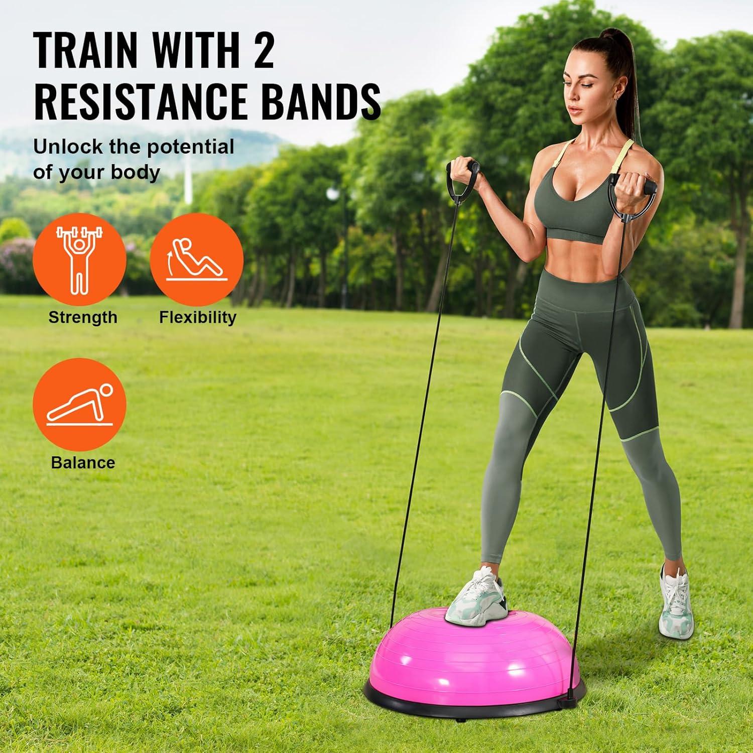 image:imageVEVOR Half Exercise Ball Trainer 2326 inch Balance Ball Trainer 1500lbs Capacity Stability Ball Yoga Ball with Resistance Bands amp Foot Pump Strength Fitness Ball for Home Gym Full Body Workout23 Ripple Pink