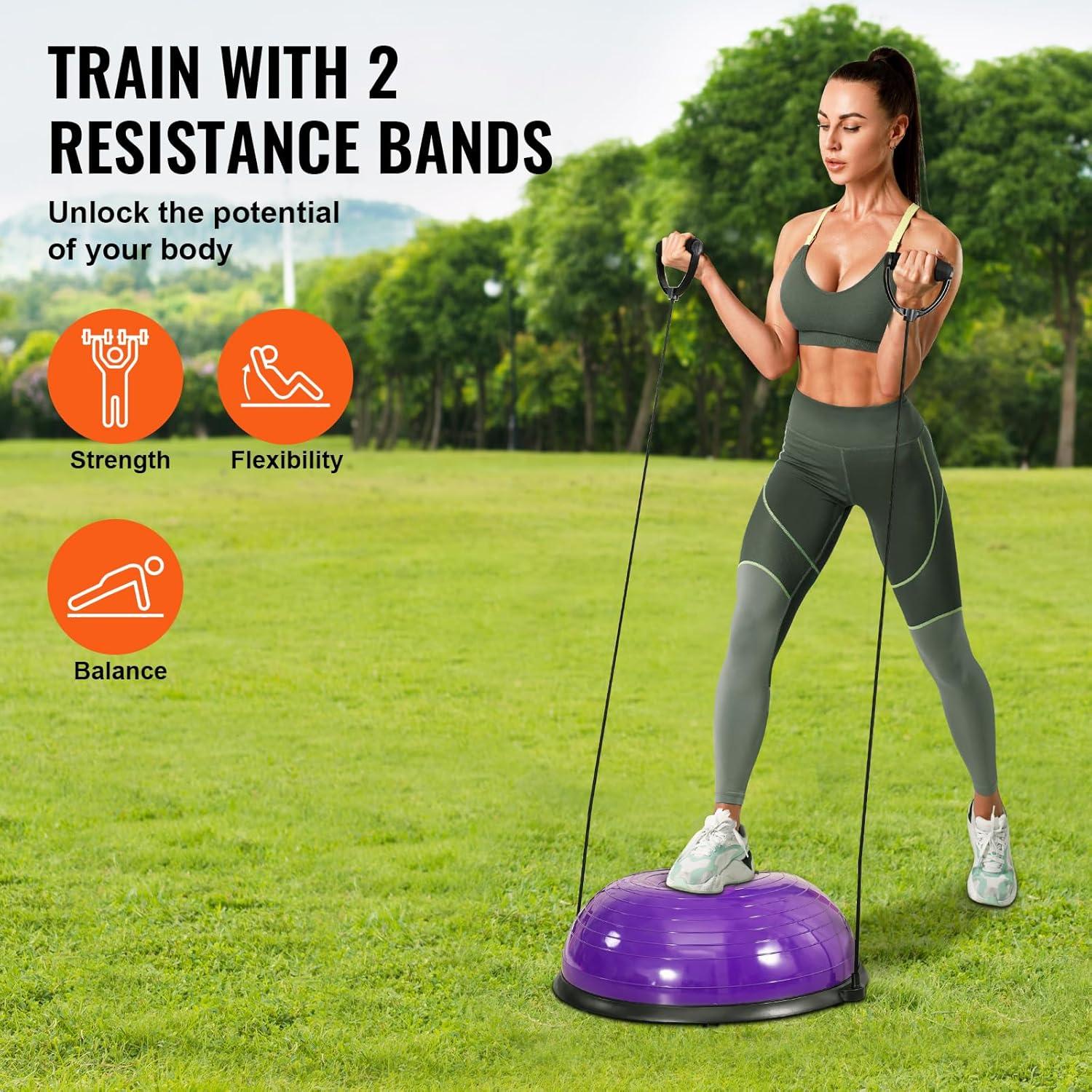 image:imageVEVOR Half Exercise Ball Trainer 2326 inch Balance Ball Trainer 1500lbs Capacity Stability Ball Yoga Ball with Resistance Bands amp Foot Pump Strength Fitness Ball for Home Gym Full Body Workout23 Ripple Purple