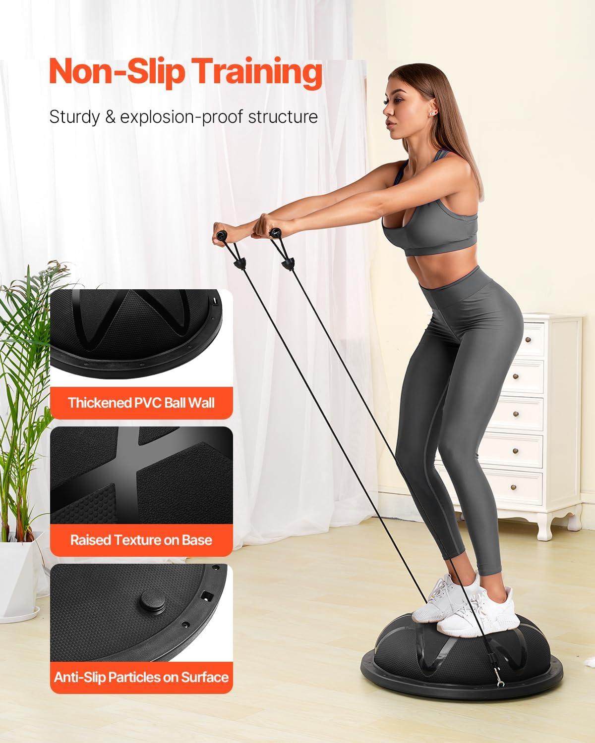 image:imageVEVOR Half Exercise Ball Trainer 2326 inch Balance Ball Trainer 1500lbs Capacity Stability Ball Yoga Ball with Resistance Bands amp Foot Pump Strength Fitness Ball for Home Gym Full Body Workout23 Particle Black