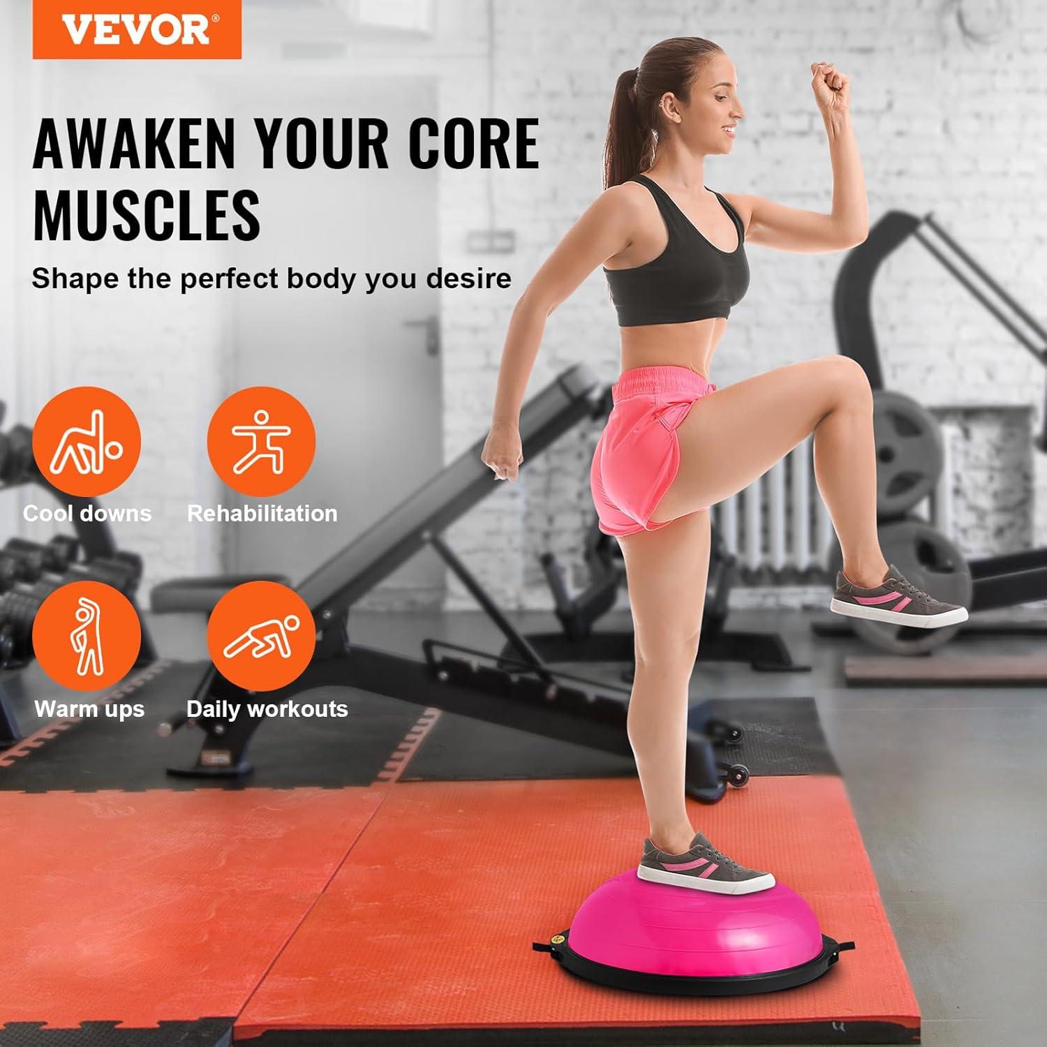 image:imageVEVOR Half Exercise Ball Trainer 2326 inch Balance Ball Trainer 1500lbs Capacity Stability Ball Yoga Ball with Resistance Bands amp Foot Pump Strength Fitness Ball for Home Gym Full Body Workout26 Ripple Pink
