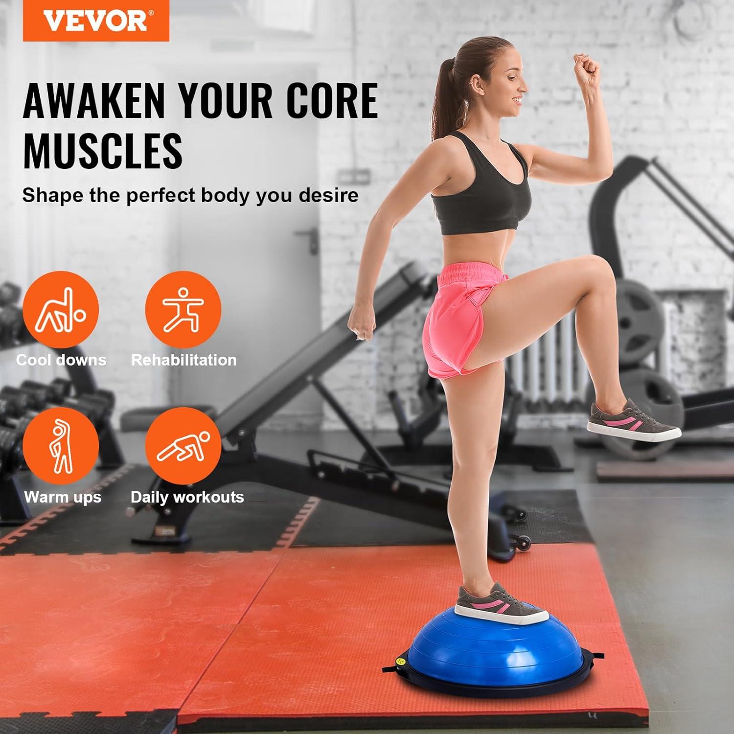 image:imageVEVOR Half Exercise Ball Trainer 2326 inch Balance Ball Trainer 1500lbs Capacity Stability Ball Yoga Ball with Resistance Bands amp Foot Pump Strength Fitness Ball for Home Gym Full Body Workout26 Ripple Blue
