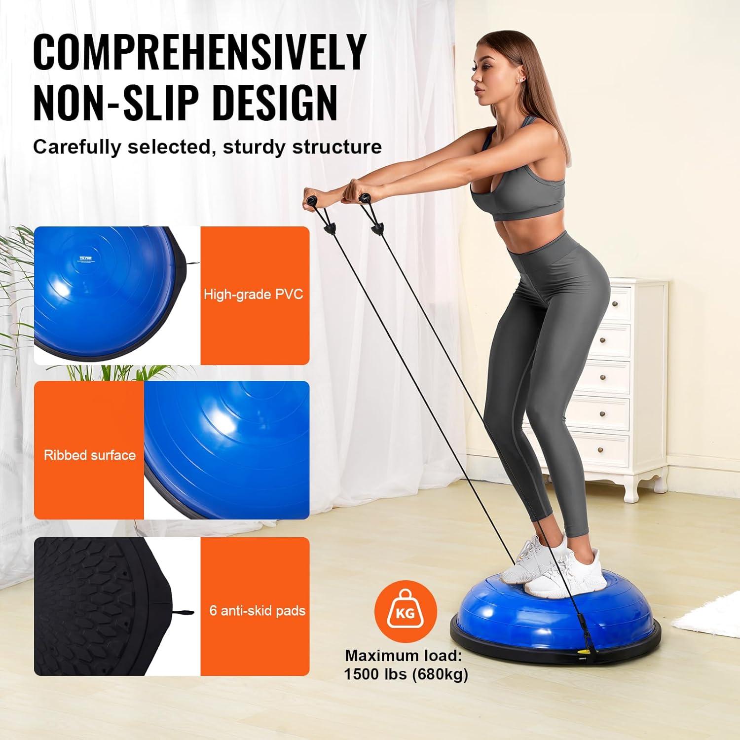 image:imageVEVOR Half Exercise Ball Trainer 2326 inch Balance Ball Trainer 1500lbs Capacity Stability Ball Yoga Ball with Resistance Bands amp Foot Pump Strength Fitness Ball for Home Gym Full Body Workout26 Ripple Blue