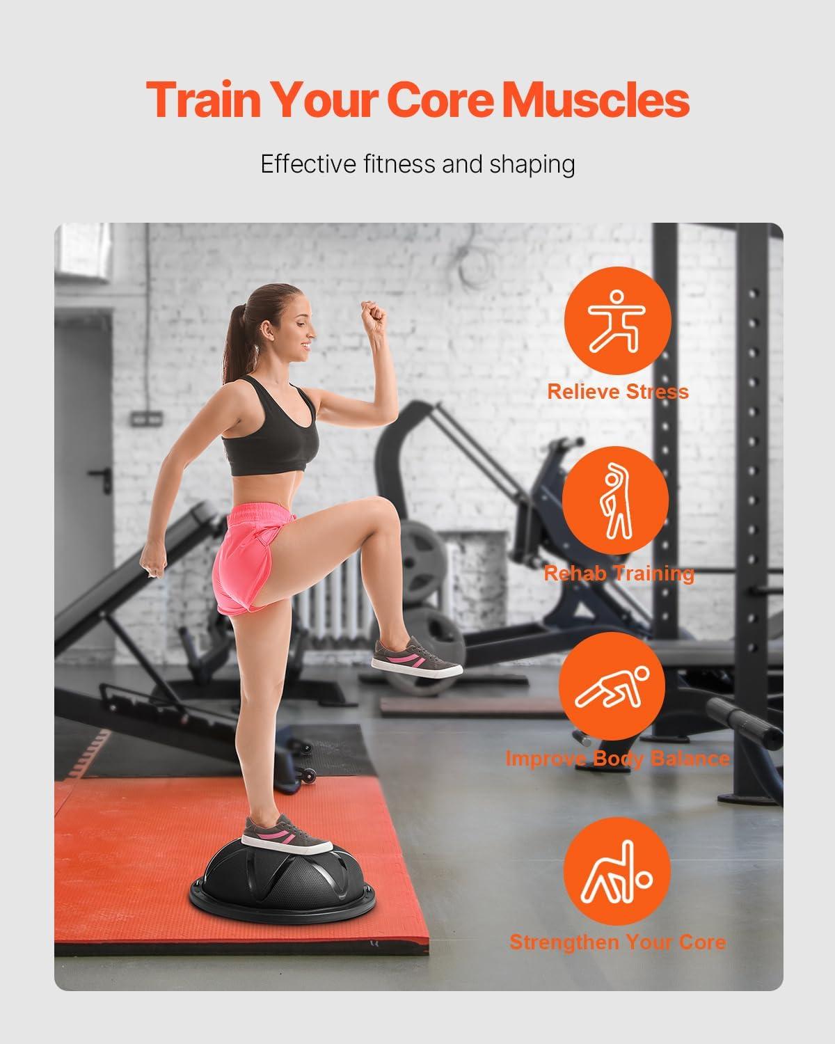 image:imageVEVOR Half Exercise Ball Trainer 2326 inch Balance Ball Trainer 1500lbs Capacity Stability Ball Yoga Ball with Resistance Bands amp Foot Pump Strength Fitness Ball for Home Gym Full Body Workout23 Particle Black