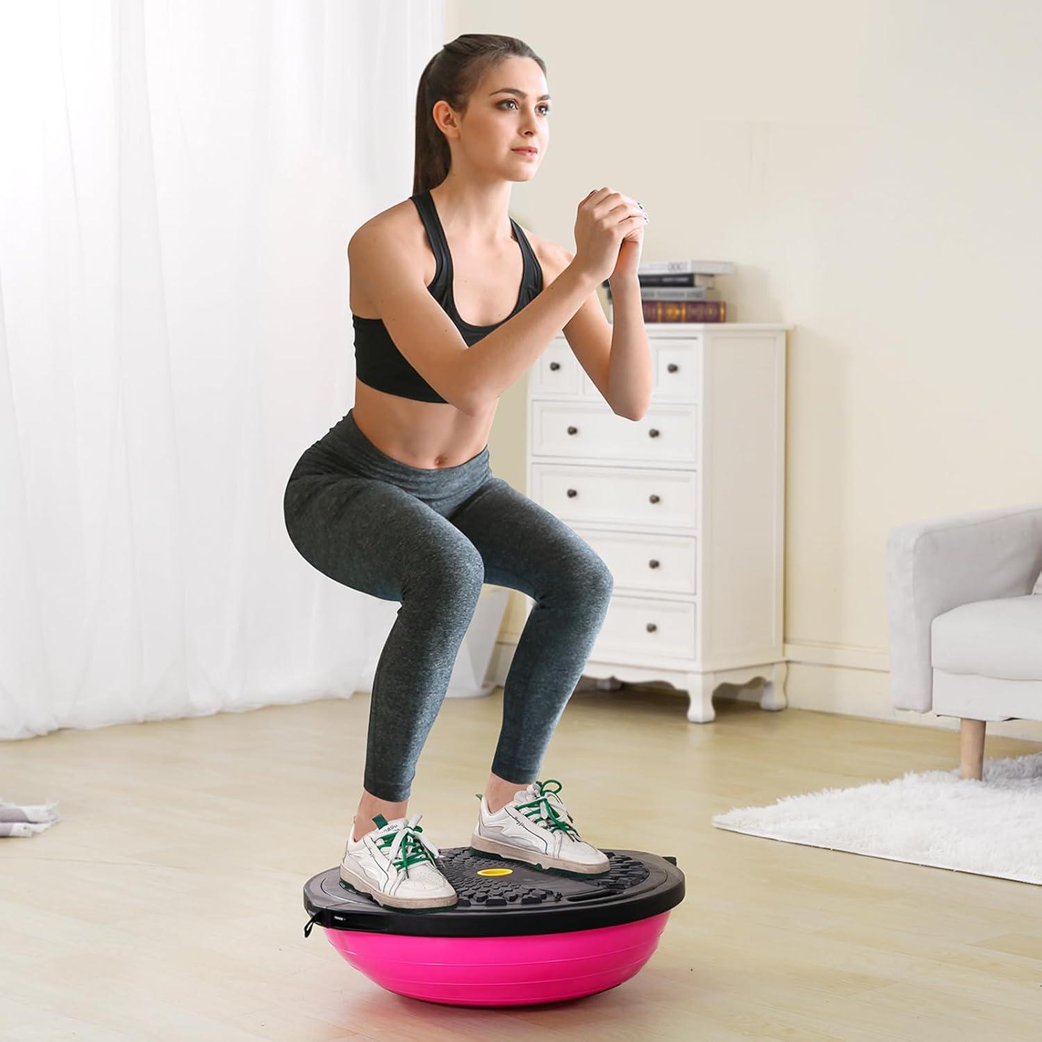 image:imageVEVOR Half Exercise Ball Trainer 2326 inch Balance Ball Trainer 1500lbs Capacity Stability Ball Yoga Ball with Resistance Bands amp Foot Pump Strength Fitness Ball for Home Gym Full Body Workout26 Ripple Pink